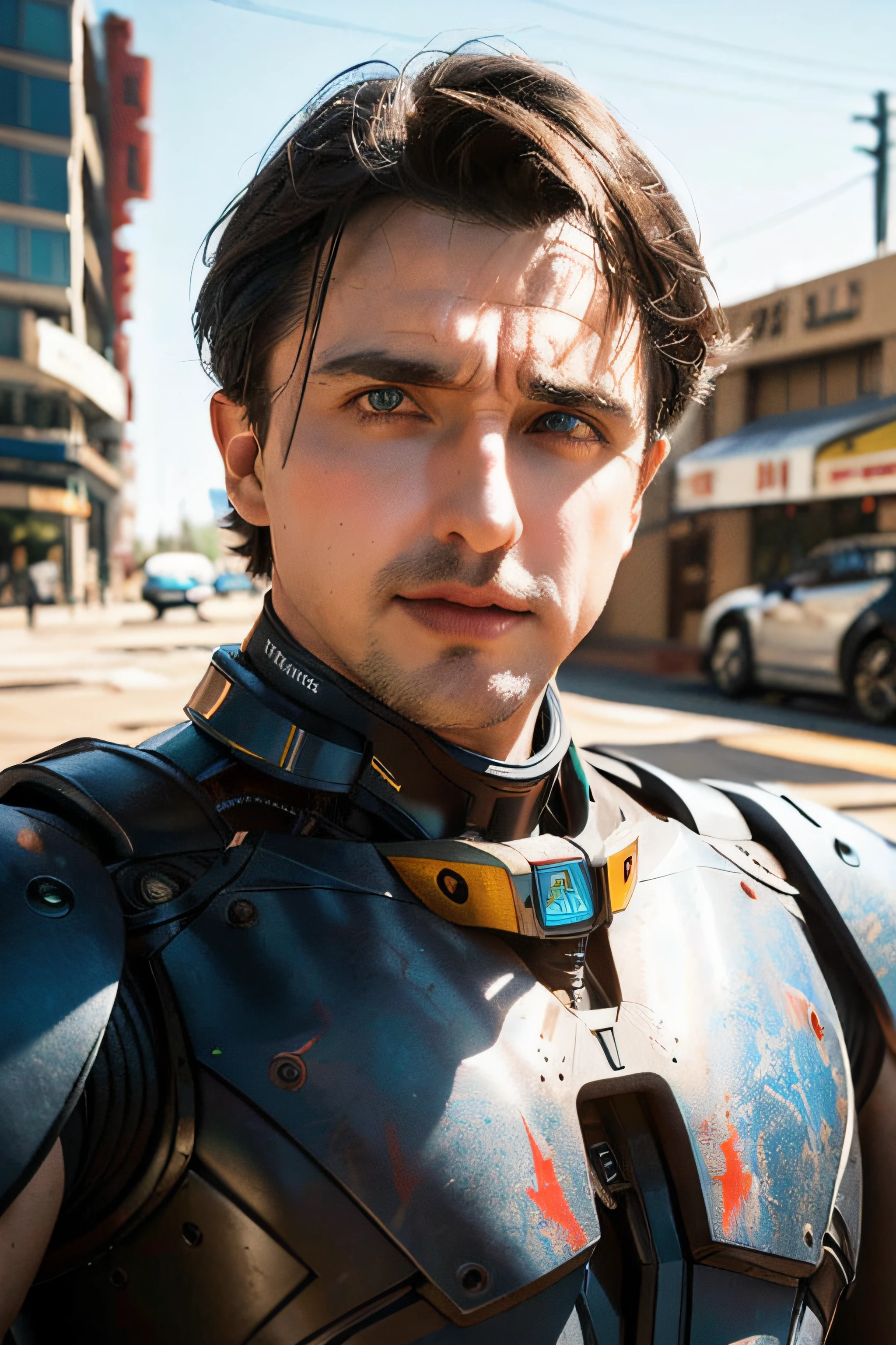 Portrait photo of an alpha male, perfect eyes, in a worn mecha suit, intricate, (steel metal [rust]), elegant, sharp focus, photo by greg rutkowski, soft lighting, vibrant colors, masterpiece, ((streets)), cowboy shot, dynamic pose,