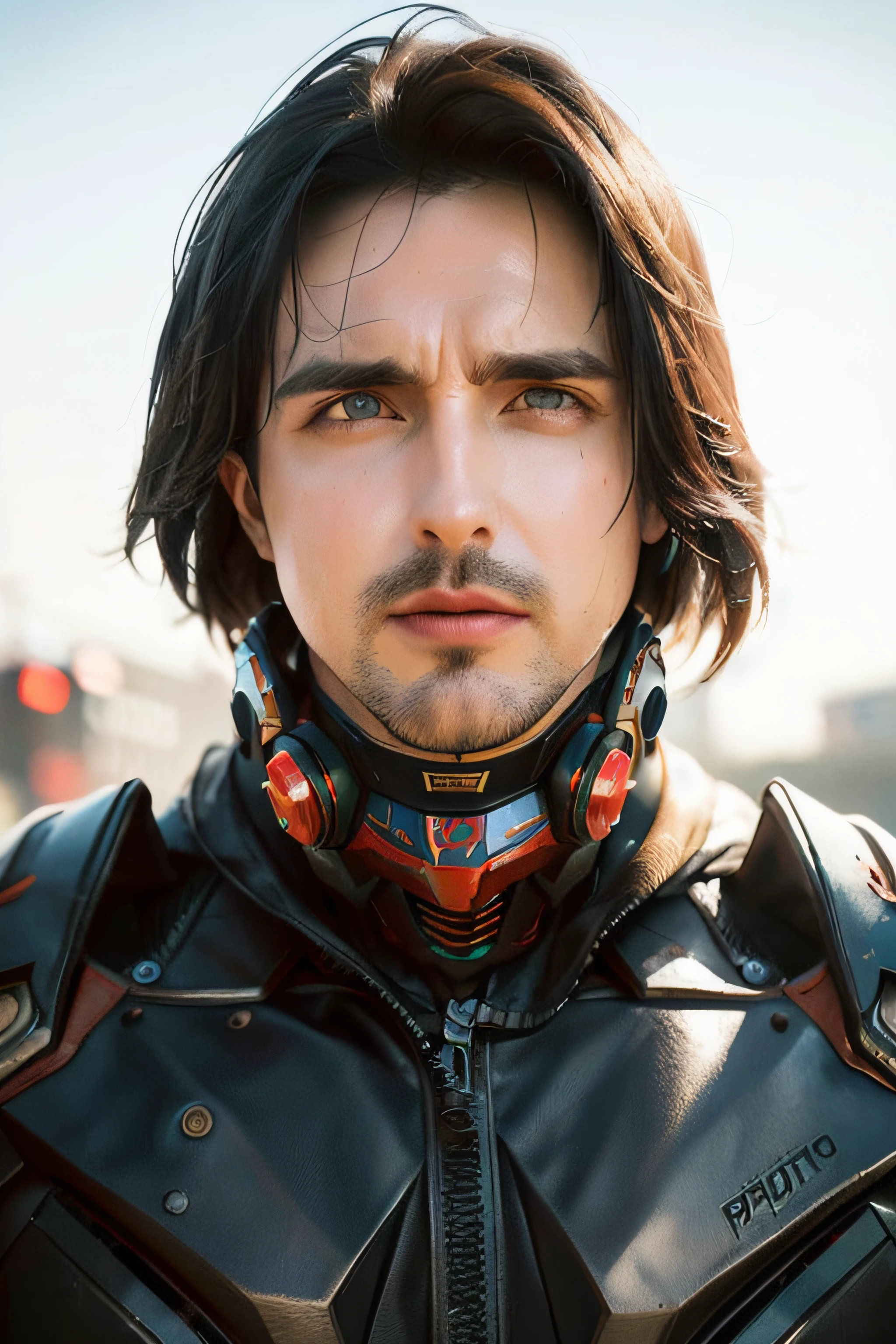 Portrait photo of an alpha male, perfect eyes, in a worn mecha suit, intricate, (steel metal [rust]), elegant, sharp focus, photo by greg rutkowski, soft lighting, vibrant colors, masterpiece, ((streets)), cowboy shot, dynamic pose,