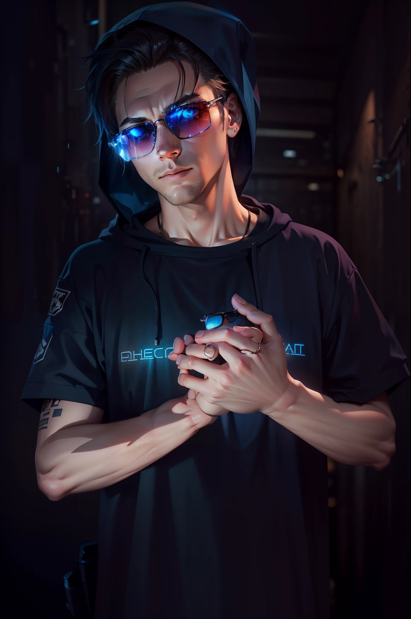 1man, hacker, hood, sunglasses, holding a worm pill and a blue one, movie set, neon light ends, night, rain, volumetric lighting, best quality, masterpiece, realistic