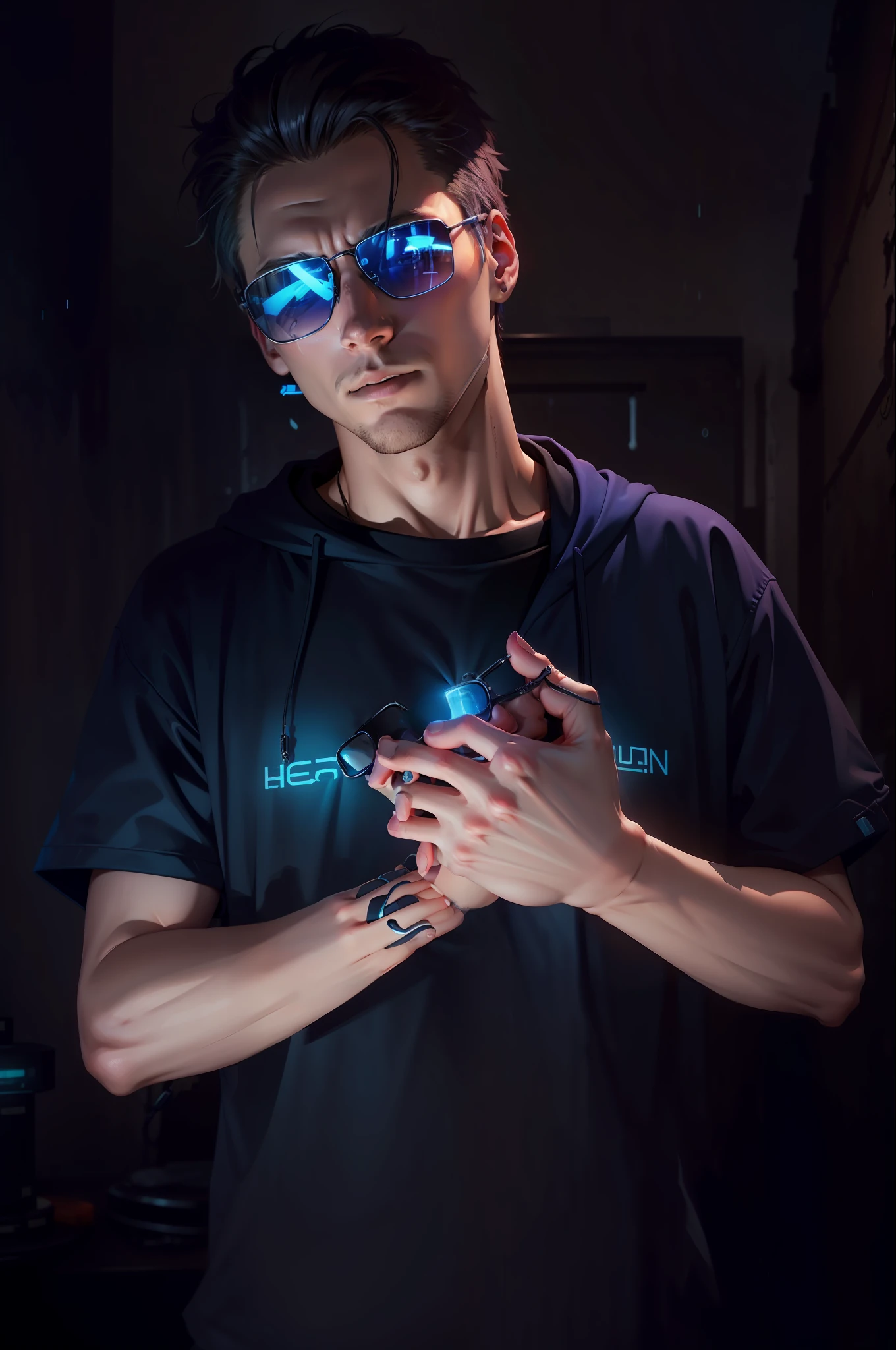 1man, hacker, hood, sunglasses, holding a worm pill and a blue one, movie set, neon light ends, night, rain, volumetric lighting, best quality, masterpiece, realistic