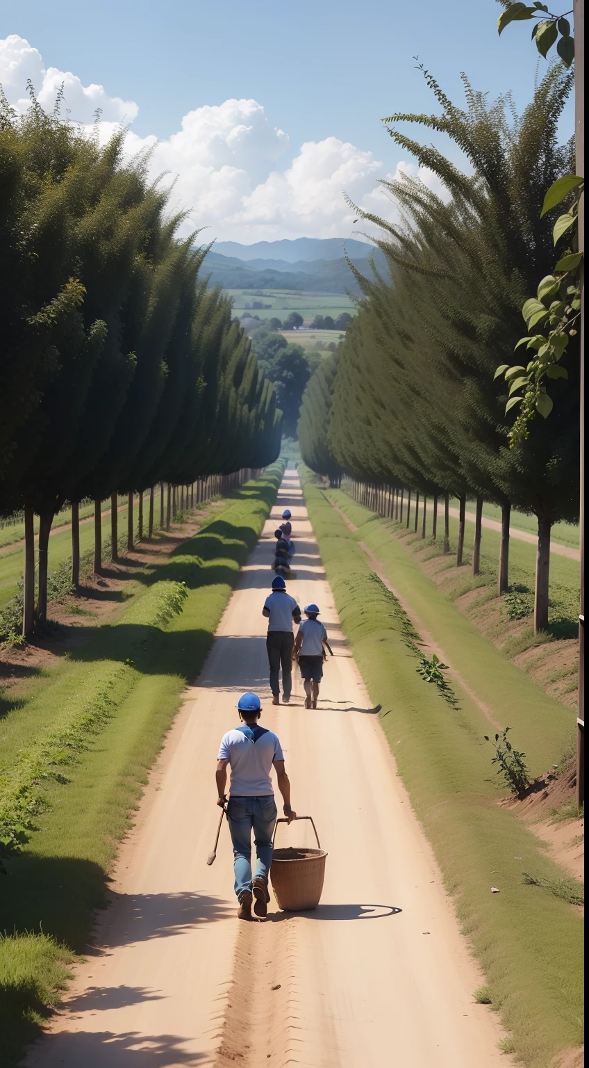 Um grupo de lavradores, United in an agricultural cooperative, Turning the land in a plantation of fruit trees, criando um belo pomar onde antes havia apenas um terreno