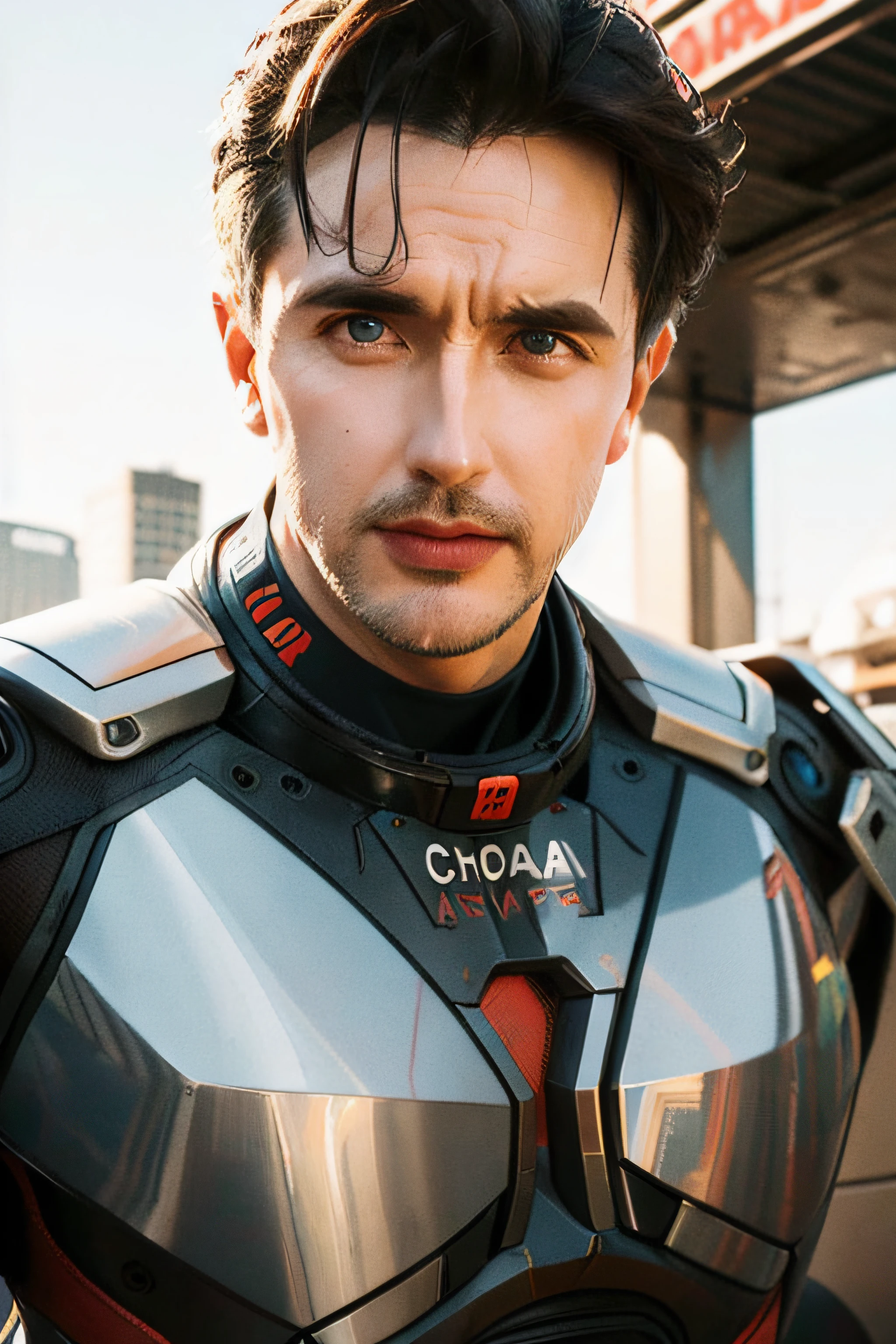 Portrait photo of an alpha male, perfect eyes, in a worn mecha suit, intricate, (steel metal [rust]), elegant, sharp focus, photo by greg rutkowski, soft lighting, vibrant colors, masterpiece, ((streets)), cowboy shot, dynamic pose,