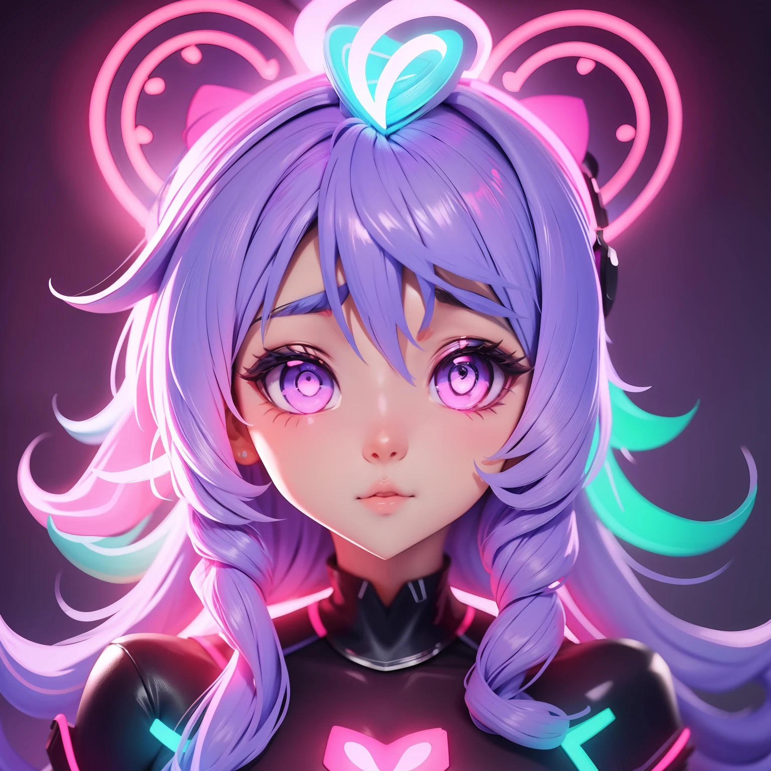 Garota fofa estilo anime kawai, cabelos pretos olhos rosa claro, lindo olhar, neon neon pastel lilac headset, Floating neon hearts.