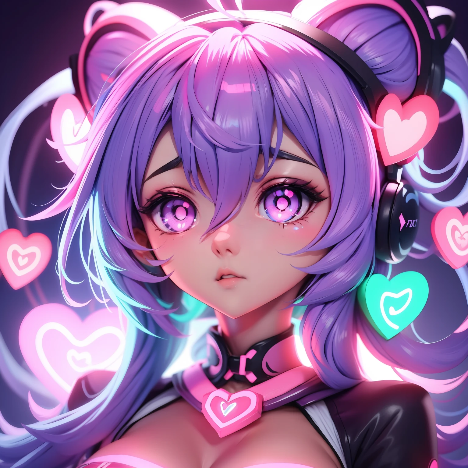 Garota fofa estilo anime kawai, cabelos pretos olhos rosa claro, lindo olhar, neon neon pastel lilac headset, Floating neon hearts.