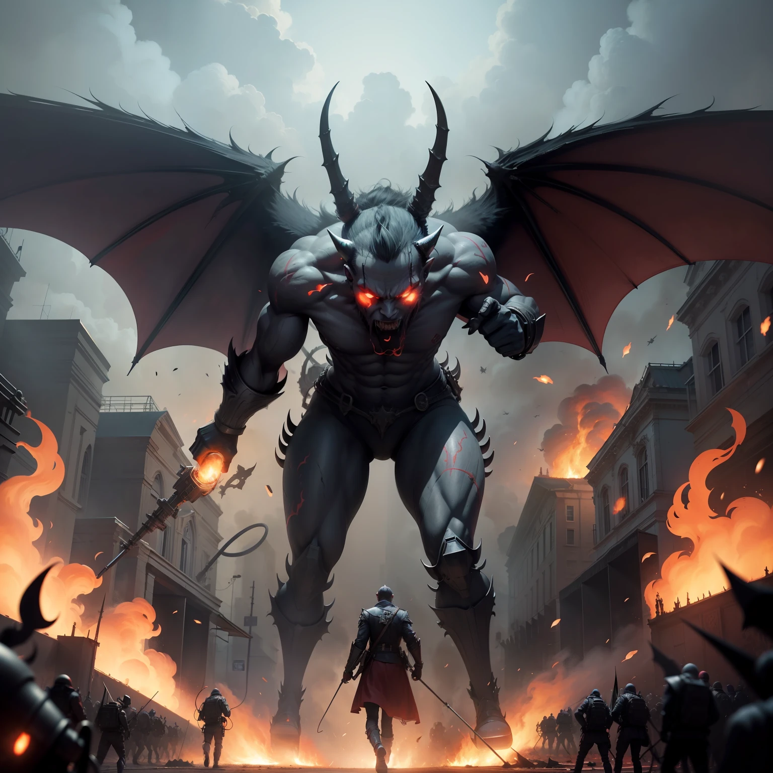 Devil in Hell with an army of demons surrounding a hyper realistic aerial fire three points perspective