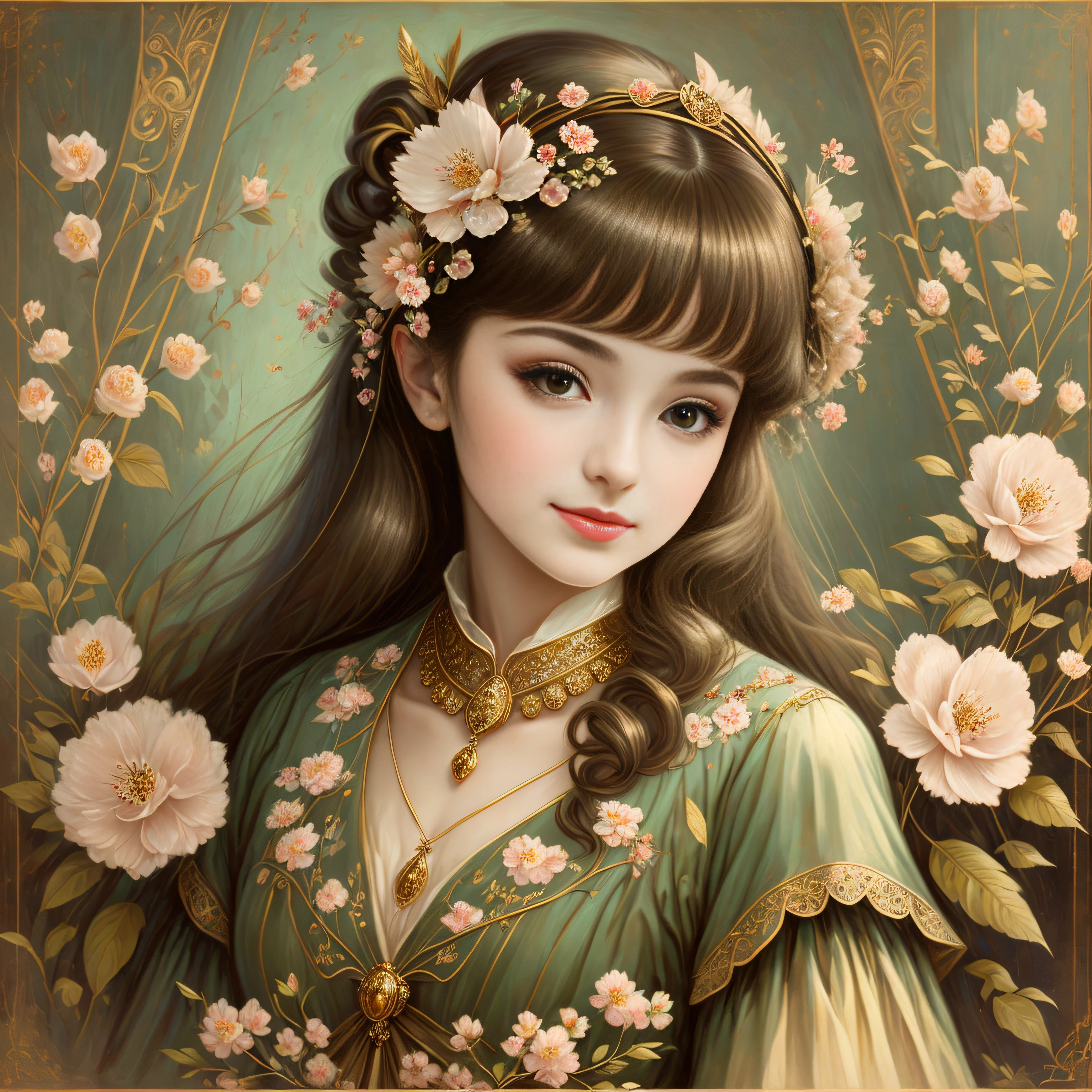 1900s,Retro cute beautiful girl,opulent,blossoms,jewely,silkouette,in da vinci style,tmasterpiece,Ultra-clear details