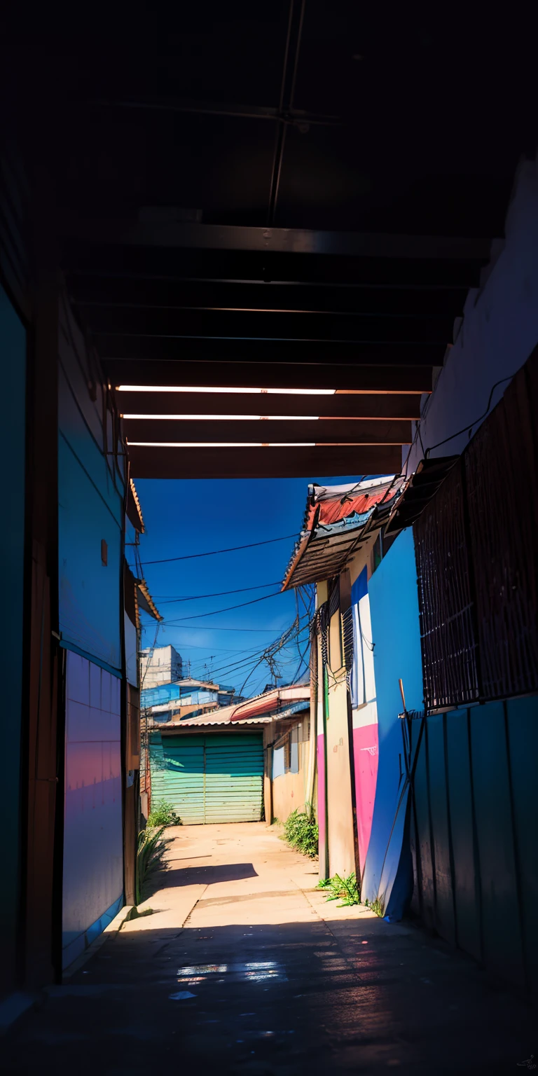 (extremamente detalhado CG unidade 8k papel de parede, obra-prima, melhor qualidade, ultra-detalhado), (escondido nas sombras, luz brilhando em seu rosto), staring into space, (favela, rio sujo) no fundo, samurai
