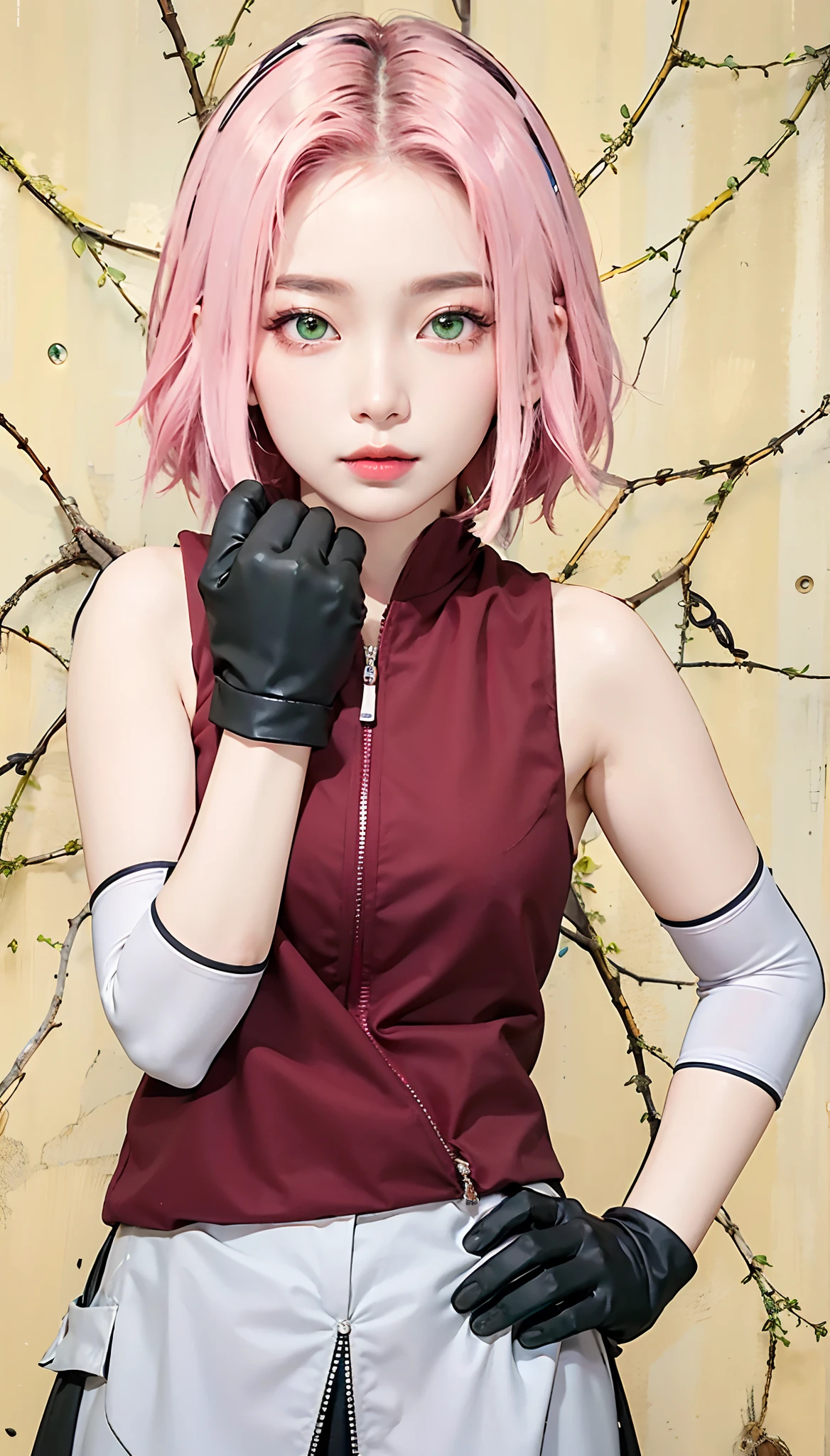 Masterpiece, best picture quality, one beautiful girl, detailed eyes, swollen eyes, pink hair, short hair, fair skin, cute, Japanese woman, Asian beauty, moonlight, strong eyes, professional lighting, bright lighting, double eyelids, slender, Japanese woman, Asian beauty, green eyes, seperti manusia asli
