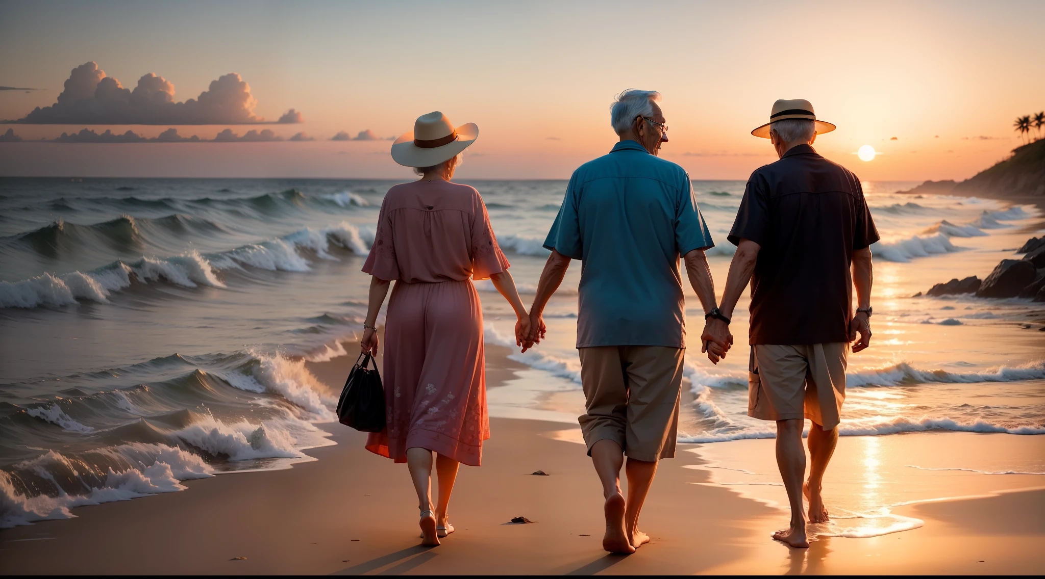 An elderly couple walking hand in hand along a beach at sunset