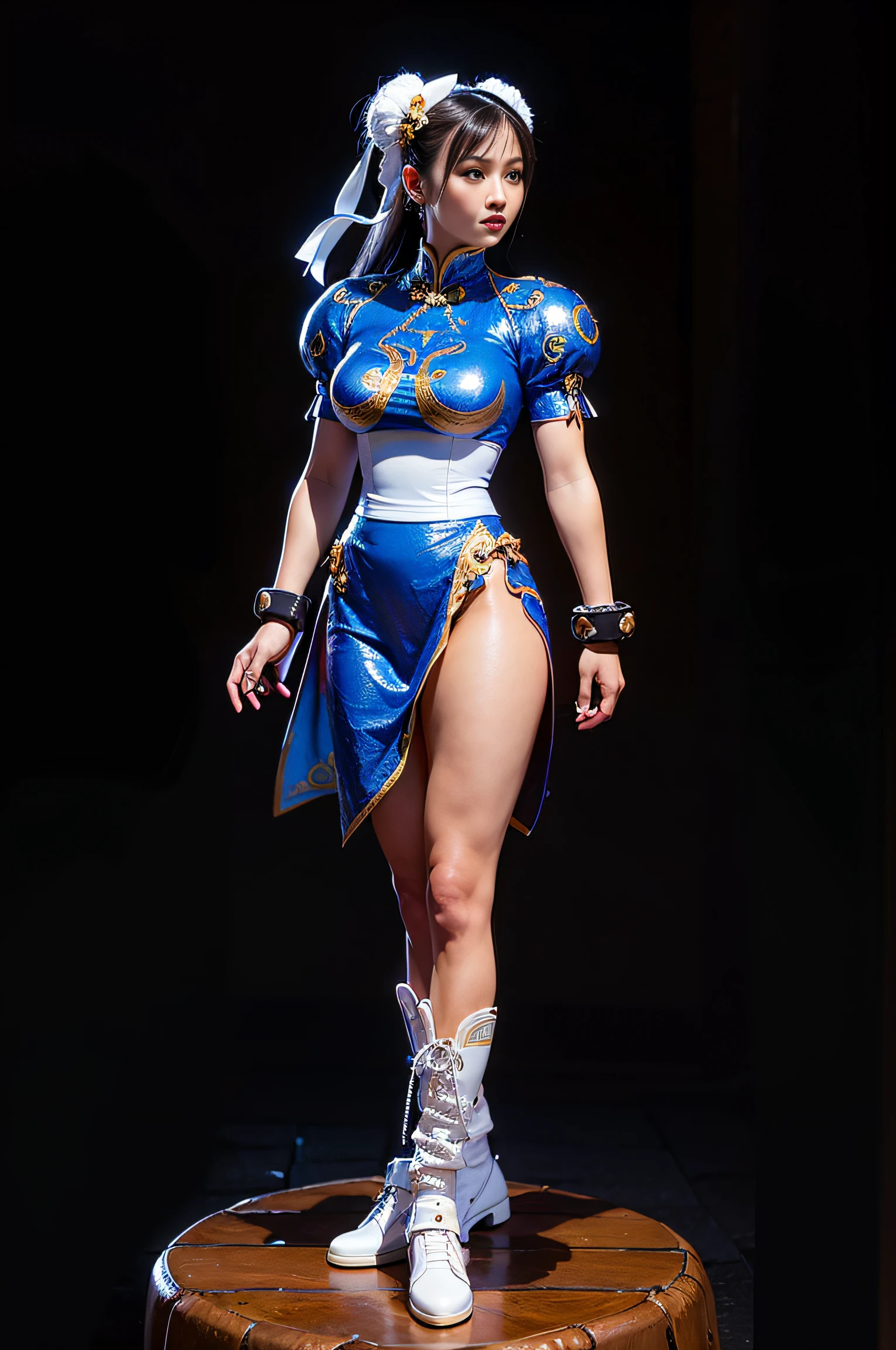 um close up de uma mulher com uma roupa azul em uma mesa de madeira, Chun Li, Chun - Li, Chun-Li, Retrato de Chun - Li, Retrato de Chun Li, Pose completa, Pose de lutador, corpo inteiro 1 / 6 Nihei Tsutomu, textura ultra realista, expression serious, rosto angelical, pernas definidas