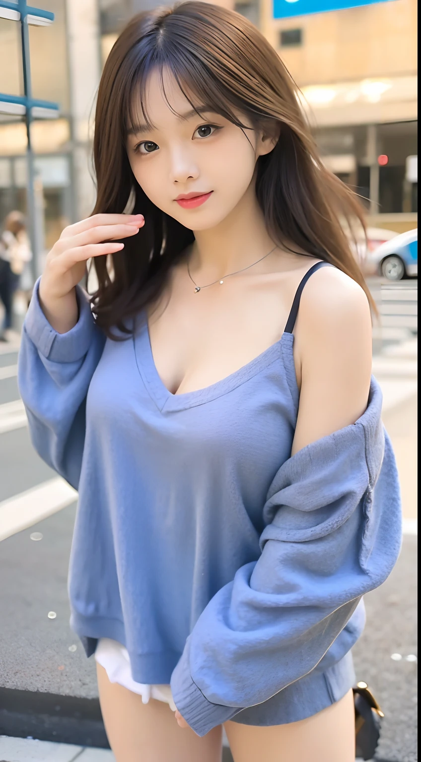 Close-up of a woman posing for a photo in ultra-open lingerie and miniskirt,Beautiful Asian girl,Asian girl,wearing tight shirt,Japanese goddess,Beautiful whole body,Beautiful asian woman,Many stickers attached to the body,Japanese model,Korean girl,cleavage,wearing a cute top,Clothing that exposes,beautiful Korean women, Open V brasy,Sexy girl nipple,asian hyperdetailed(wind power:5),(Bigchest),The clothing fits snugly to the body,tmasterpiece,Detailed hands and detailed feet,((Blue nails pass through the nipple)),((Blue nipple ring),(Show the chest),Colored tassels are attached to the inner thighs,hair flowing,A natural smile