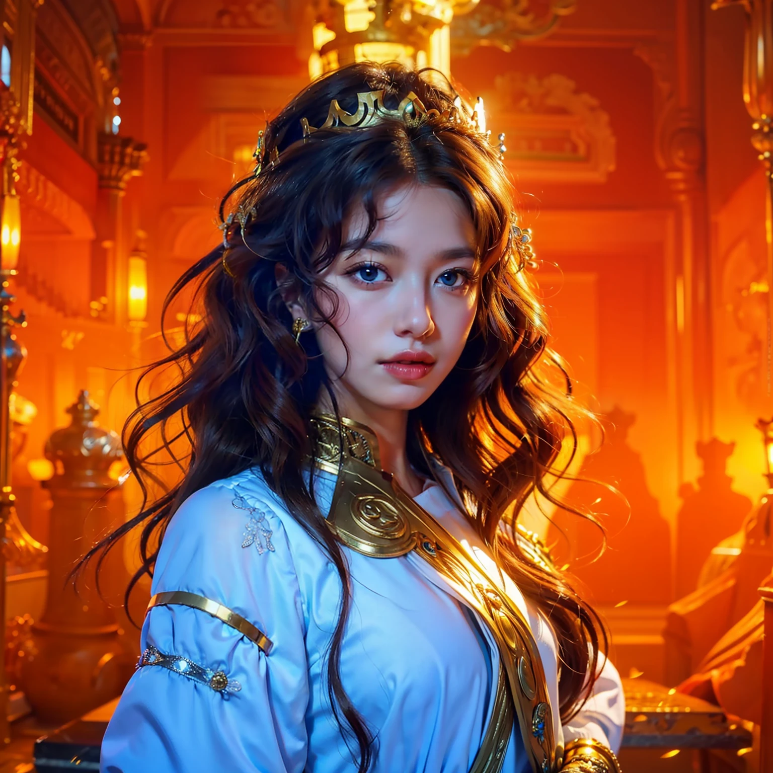Queen, brown curly hair, blue eyes, gold crown
