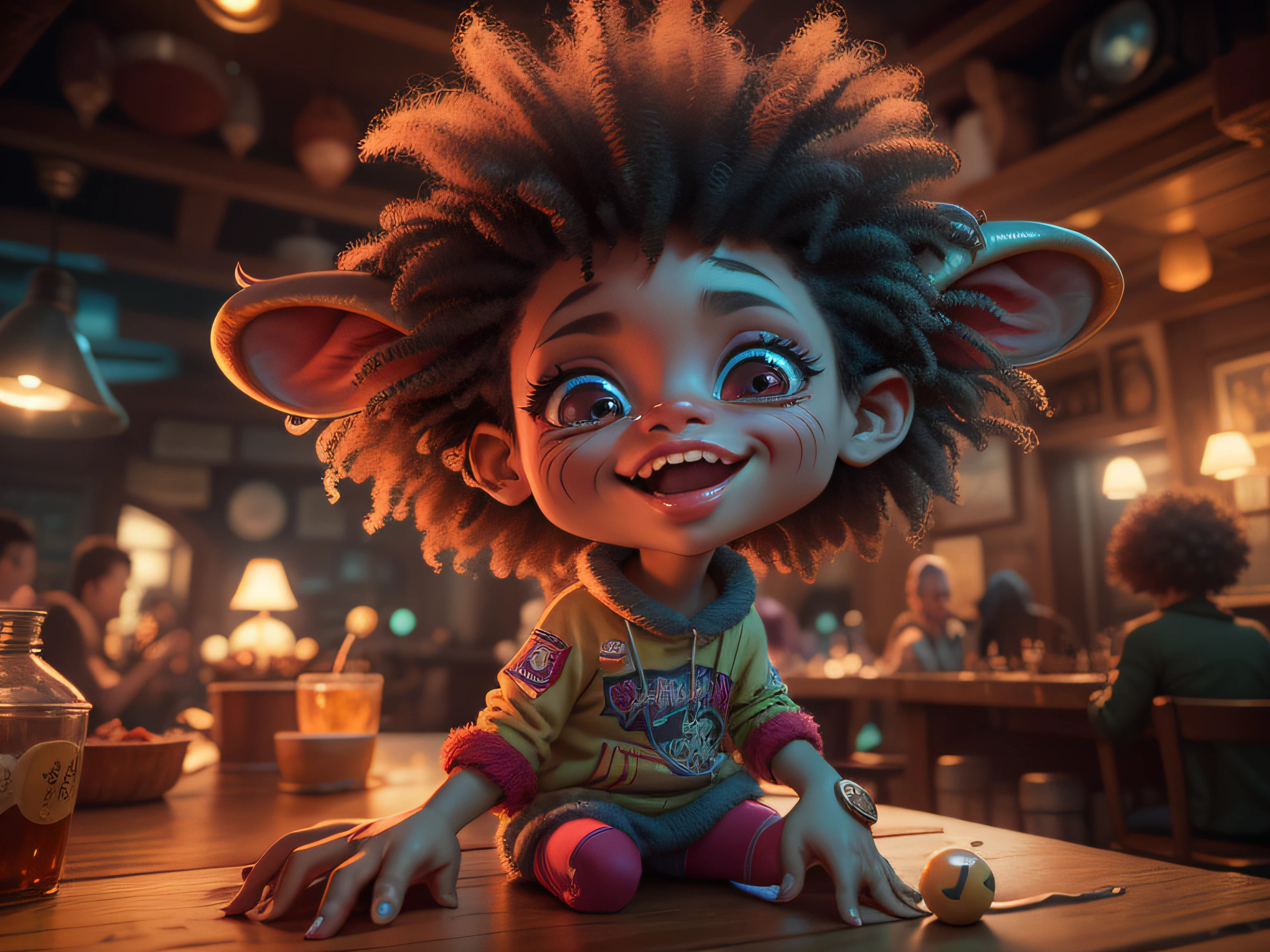Caricature, Deep colors, Cute cute digital 3d sleepy baby Chupacabra wearing sheepskin shirt in tavern, Soft steel lighting, 8K, Unreal Engine 5, Giant Eye , acidwave, afro futurism, evil theme, magic realism, fantasy, Bokeh，Happy trumpet，There is color on the face，full body pov，is dancing