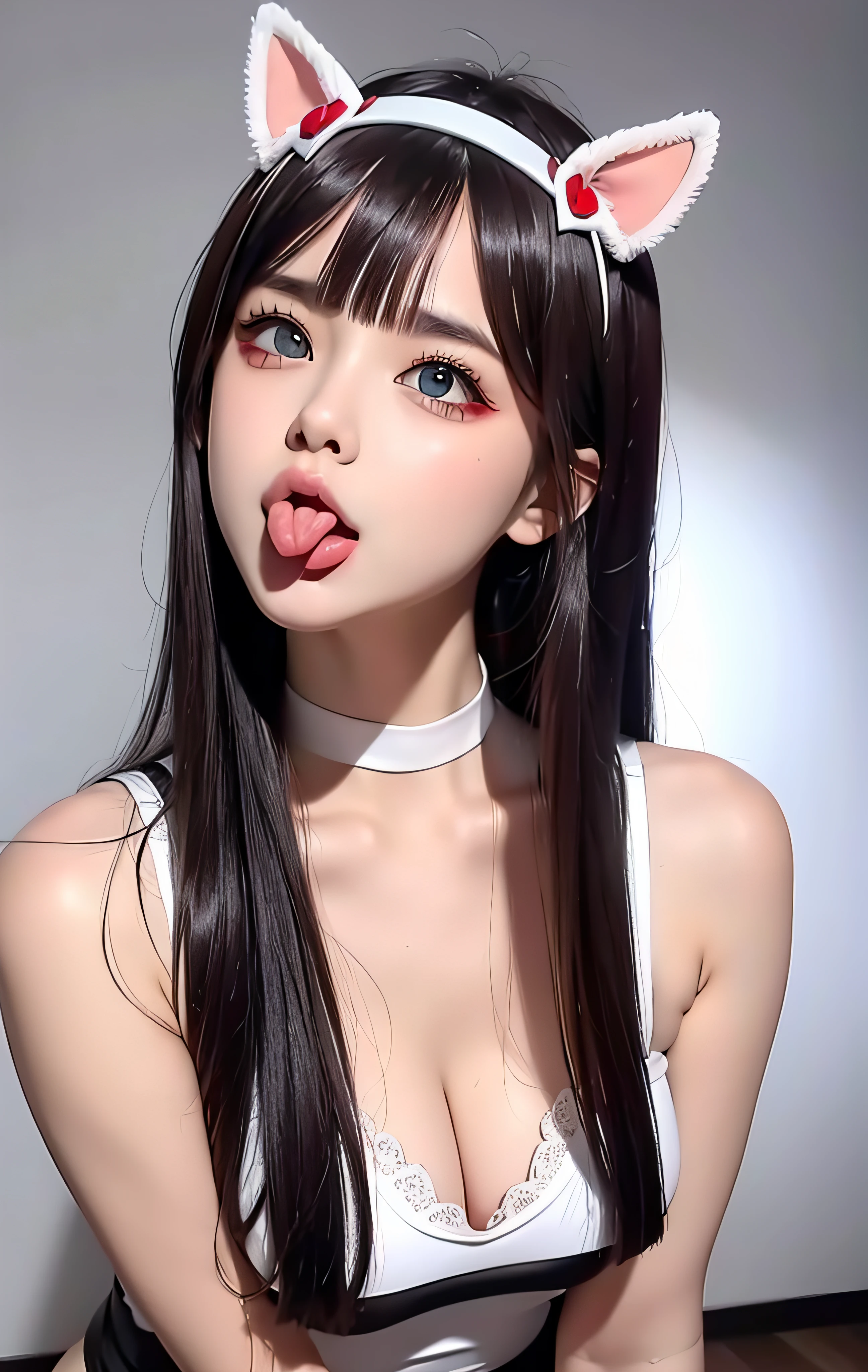 1girl, (sticking out her tongue out), (tongue), ultra high res, photorealistic, best quality, 8k resolution, masterpiece, cat ears, choker, garter belt, garter straps, latex, competitive swimsuit, tank top, close up face view, (ahegao), kneeling, oh face, Open your mouth wide, Stick out your tongue to receive, One hand in your mouth, Ecstasy, (White sperm on your face), Face up, Shoot from above, (White sperm dripping from your mouth), Tongue sticking out, (White sperm accumulation on the tongue), ecstatic look, a large amount of white sperm in the mouth, holding a very thick brown sausage in your hand, Sucking very thick brown sausage, cheeking very thick brown sausage, a large amount of white sperm from the tip of a very thick brown frankfurter, white sperm on the chest, delicate fingertips, complicated fingertips, sucking a thick brown mountain jaw to the back of the throat white sperm leaking from the gap, water discharge from the crotch, a large amount of sperm all over the body, a large amount of vaginal shot, nsfw, eyes roll back, eyes up, megumin