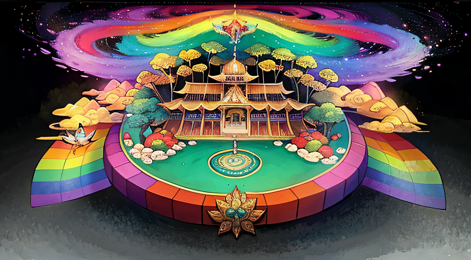 Uma pintura africana antiga, fundo africano antigo, montanhas, rios, nuvens auspiciosas, pavilions, sol, (psychedelic details), (cogumelos), (rainbowart), (trippy), (DMT), (Buda), detalhes intrincados, mais detalhes, detalhes altos, obras-primas, super detalhe, Epic composition, ultra HD, alta qualidade, extremamente detalhado, arte oficial, papel de parede 8k unificado, Super detalhe, 32k -- v 6