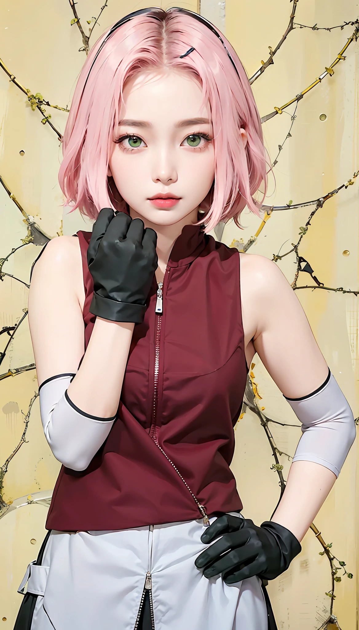 Masterpiece, best picture quality, one beautiful girl, detailed eyes, swollen eyes, pink hair, short hair, fair skin, cute, Japanese woman, Asian beauty, moonlight, strong eyes, professional lighting, bright lighting, double eyelids, slender, Japanese woman, Asian beauty, green eyes, seperti manusia asli