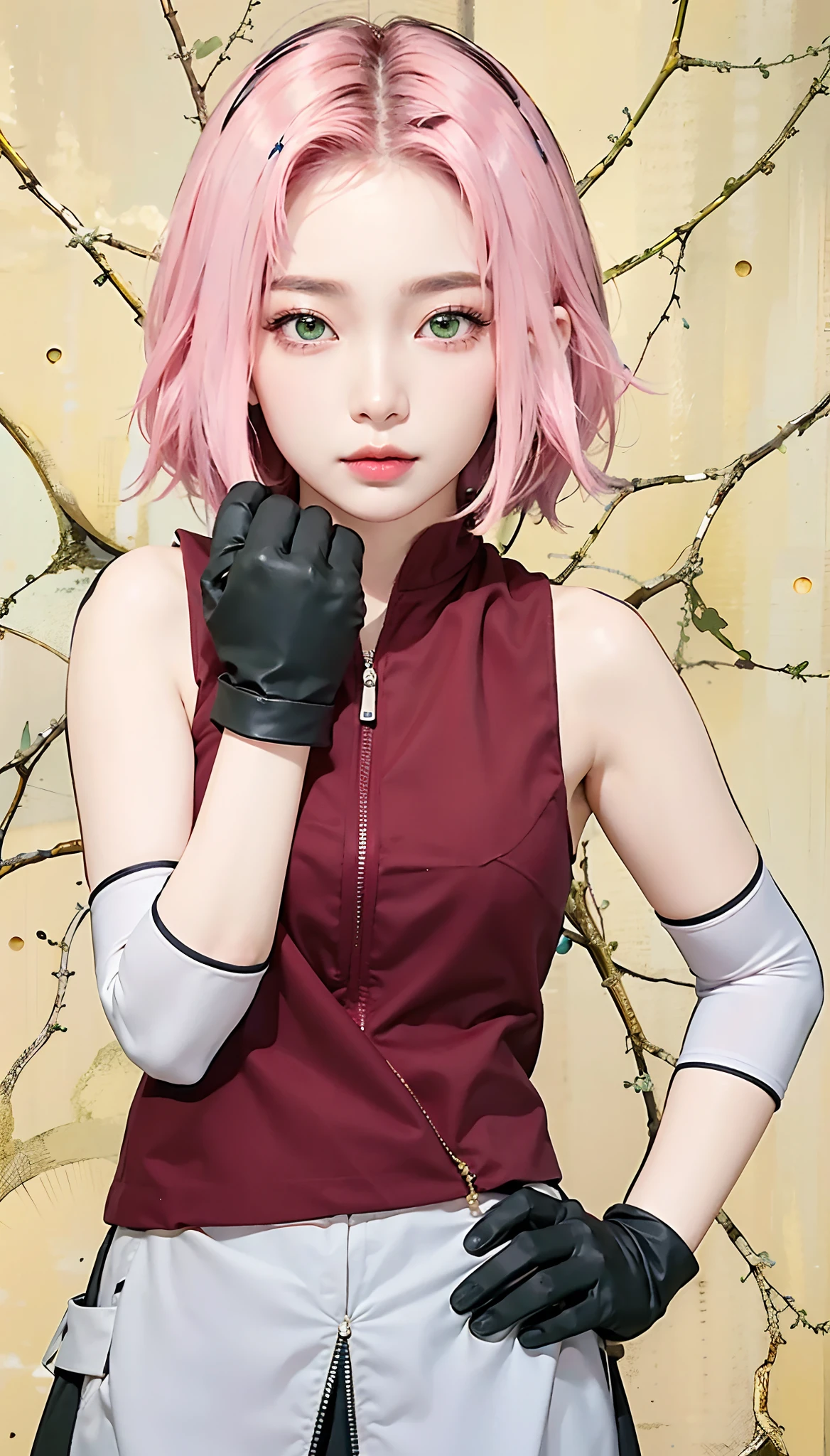 Masterpiece, best picture quality, one beautiful girl, detailed eyes, swollen eyes, pink hair, short hair, fair skin, cute, Japanese woman, Asian beauty, moonlight, strong eyes, professional lighting, bright lighting, double eyelids, slender, Japanese woman, Asian beauty, green eyes, seperti manusia asli