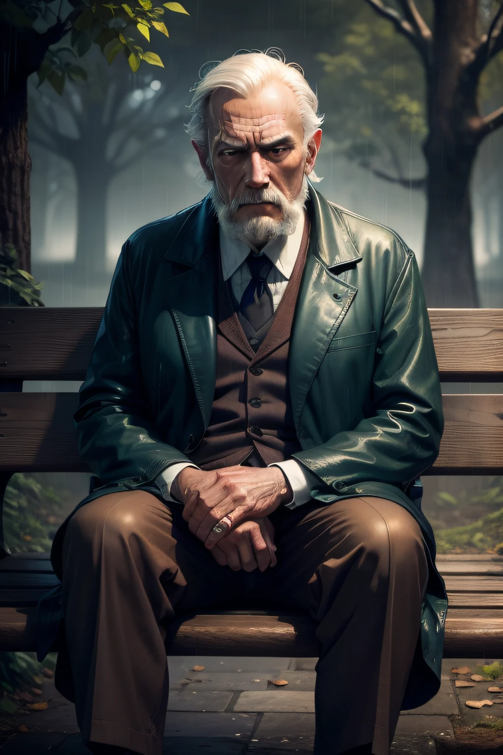 Old man DarkWoodsStyle in the rain with sad countenance sitting on bench in a square