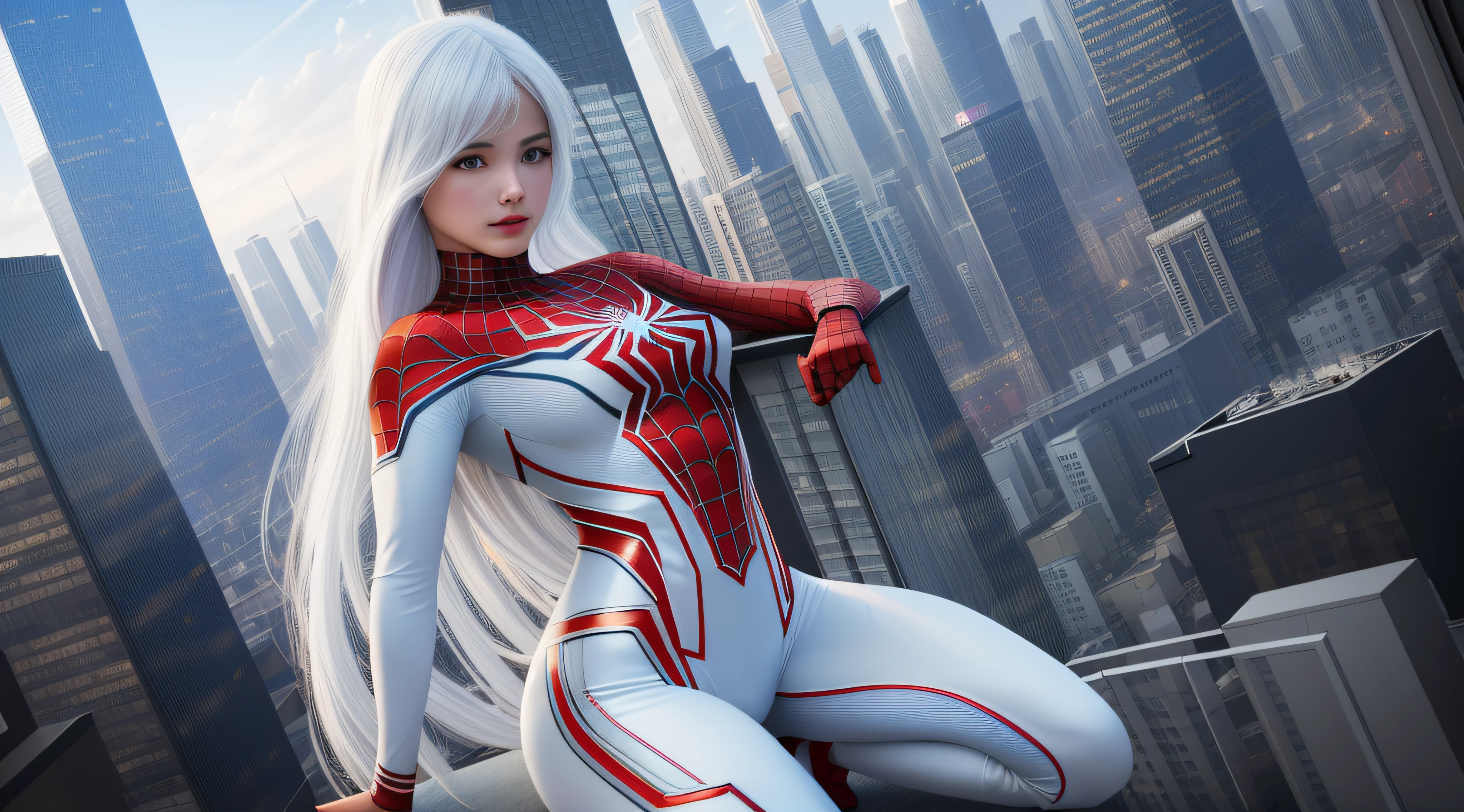 4k, realistic, carismatic, very detail, there is a girl on top city, wearing spiderman costum, she is a spiderman, white super hero theme, white long hair, 25 years old, full body