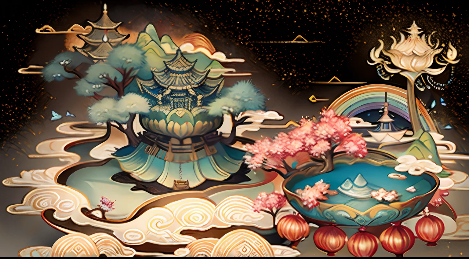 An ancient Chinese painting, ancient Chinese background, mountains, rivers, auspicious clouds, pavilions, sunshine,(psychedelic details),(mushrooms),(rainbow),(trippy),(DMT),(Buddha),intricate details, more details, high details,masterpieces, super detail, epic composition, ultra HD, high quality, extremely detailed, official art, unified 8k wallpaper, Super detail, 32k -- v 6