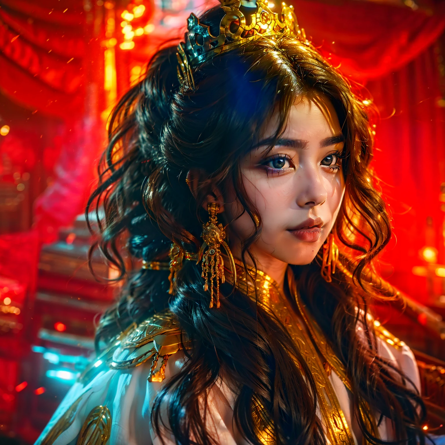 Queen, brown curly hair, blue eyes, gold crown