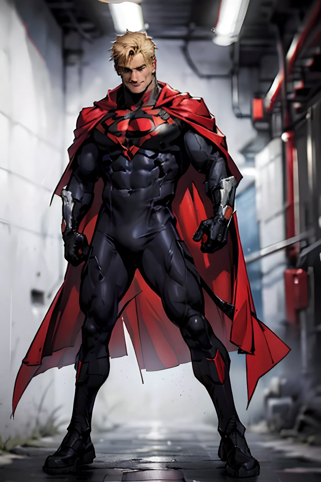 (((full body))) dolph lundgren as Superman, superhero, all black and red details suit, ((long red cape)), blond hair covering forehead, short cut hair, tidy hair, tall, sinic smile, manly, hunk body, muscular, straight face, black medium hair, best quality, high resolution:1.2, masterpiece, raw photo, dark background, detailed suit, detailed face, upper body shot
