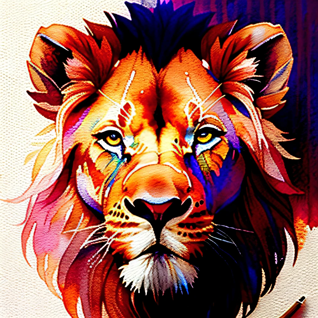 wtrcolor style, digital art of (lion character), official art, frontal, smiling, masterpiece, beautiful, ((watercolor)), face painting, ink splashes, intricate details. Detailed and highly detailed eyes, [pinging: 0.5], Trend in artstation, by Rachel Walker