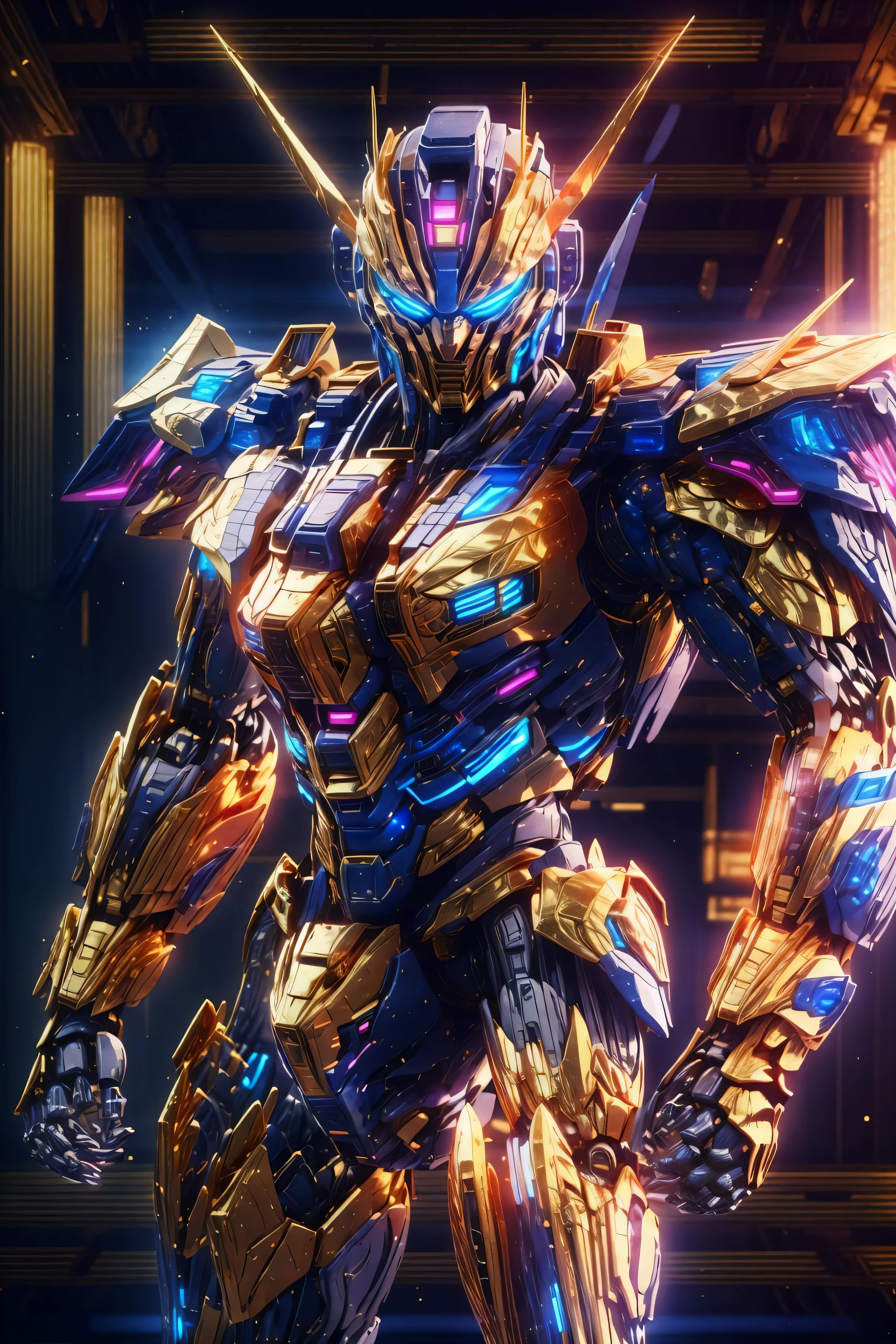 Best quality, masterpiece, ultra high res, (photorealistic:1.4),shanyaogaoda, neonlight\(ttp\), mecha, no humans, solo, Neonpunkai, gold foil,gold leaf art,glitter drawing,
