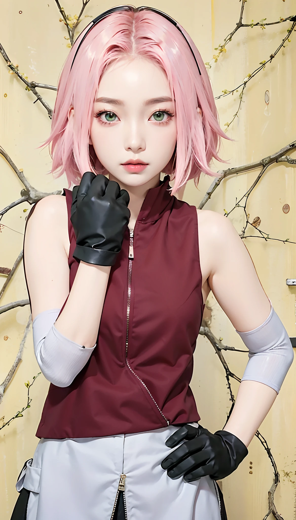 Masterpiece, best picture quality, one beautiful girl, detailed eyes, swollen eyes, pink hair, short hair, fair skin, cute, Japanese woman, Asian beauty, moonlight, strong eyes, professional lighting, bright lighting, double eyelids, slender, Japanese woman, Asian beauty, green eyes, bando merah