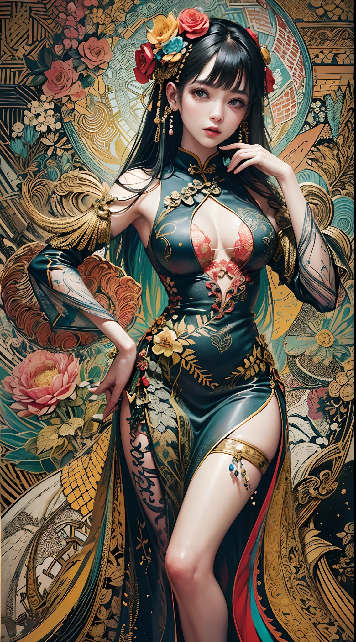 (masterpiece、top-quality、top-quality、Official Art、Beautifully Aesthetic:1.2)、(One Girl:1.3)、A highly detailed、(Fractal Art:1.1)、(colourfull:1.1)(florals:1.3)、The most detailed、(Zentangle:1.2)、(Dynamic poses)、(abstract backgrounds:1.3)、(qipao dress:1.2)、(shinny skin)、(many colors:1.4)