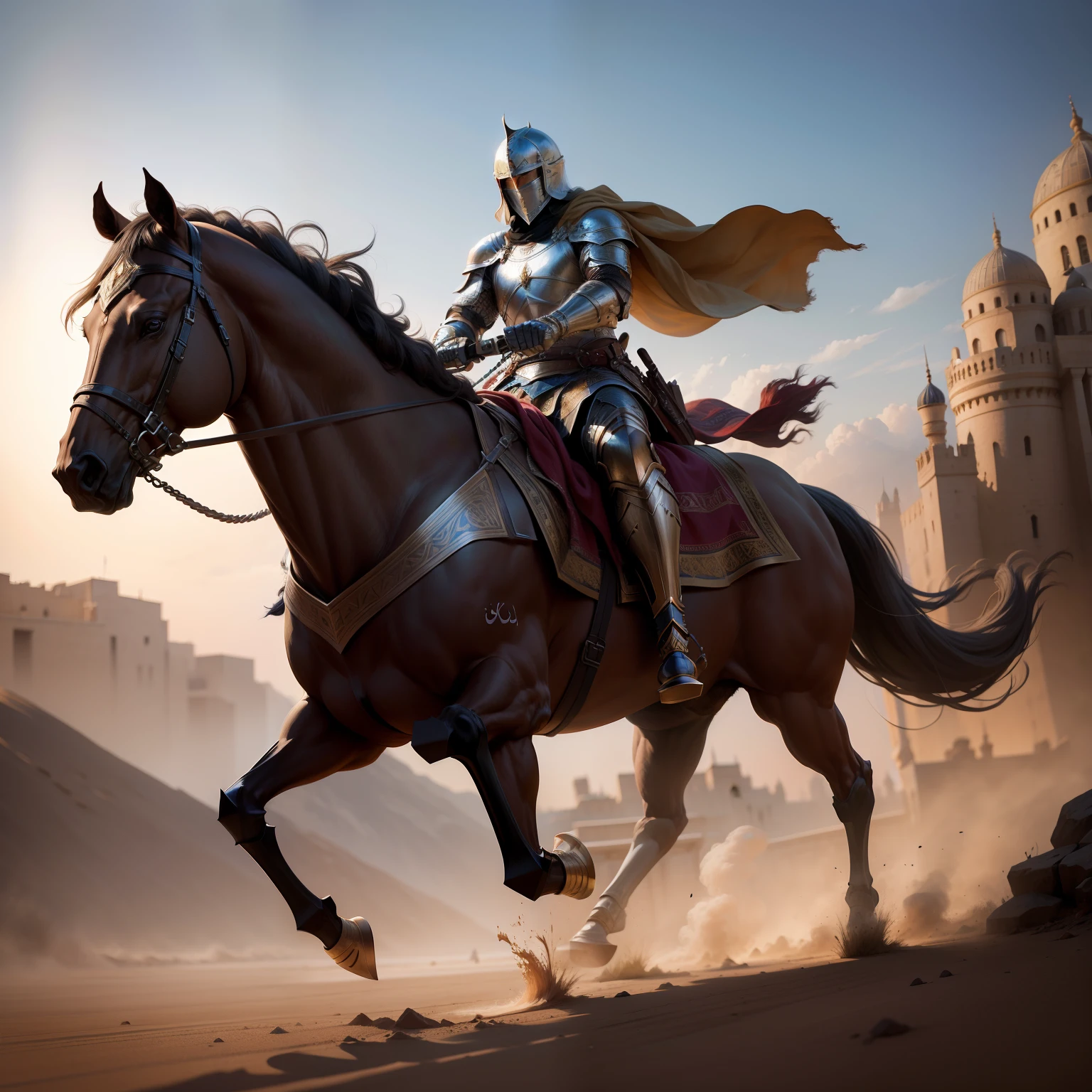 Knight arabian warrior 3 points perspective dynamic pose hyper realistic Super detailed