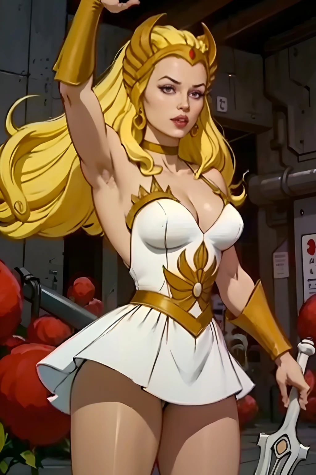 raw photo of a 1girl, blonde, white dress, choker, she_ra, dynamic pose, smug smile, tall, (muscular body: 1.3), (female hands: 1.3), skindentation, narrow waist, thighs, wide hips, half eye closed, eyeliner, eyelashes, perfect face, detailed eyes, facial lighting, looking at the viewer (masterpiece, high quality: 1.2) skin texture, hyper realistic, real woman,real headquarters,high reality