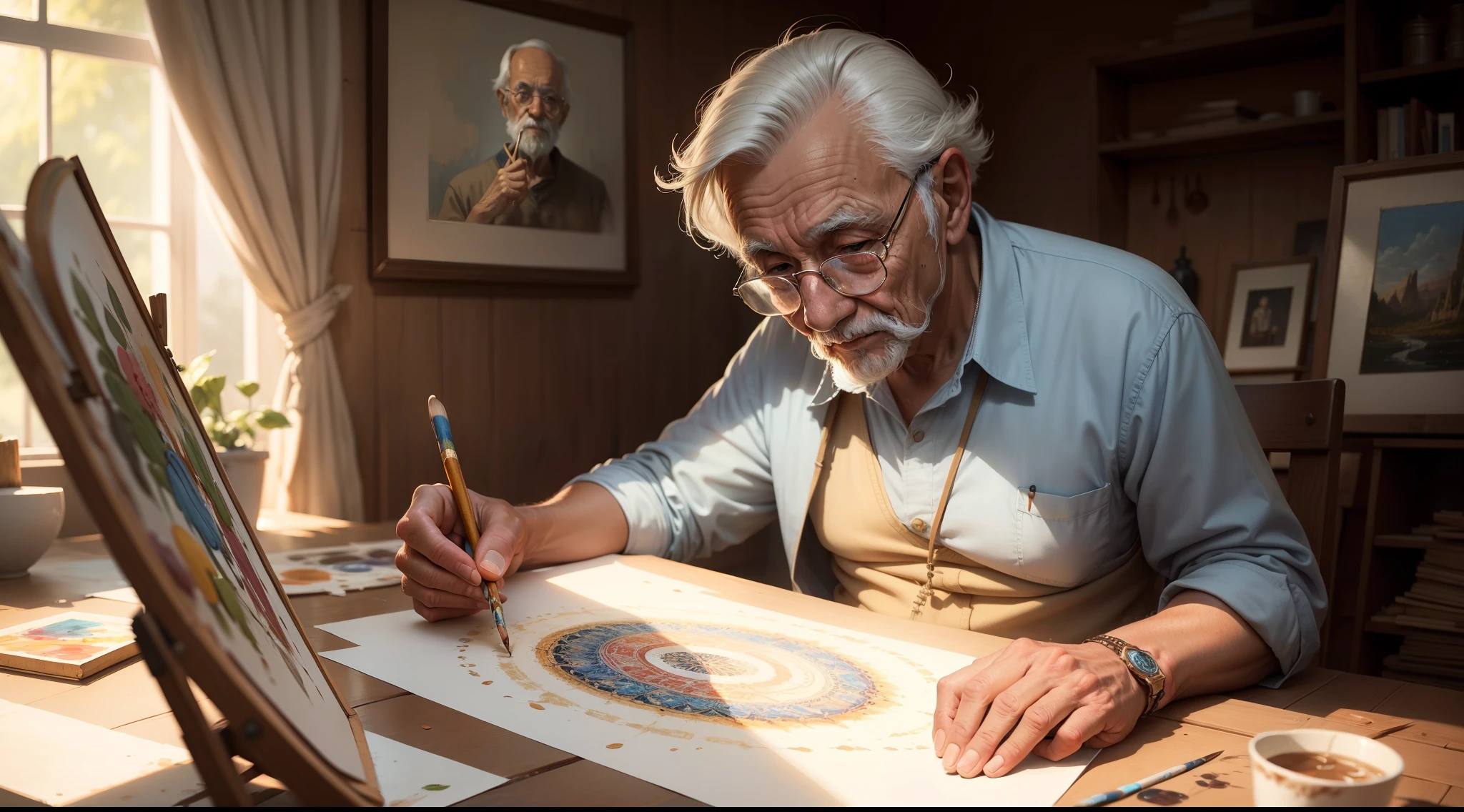 An old man painting beautiful artworks, following his passion