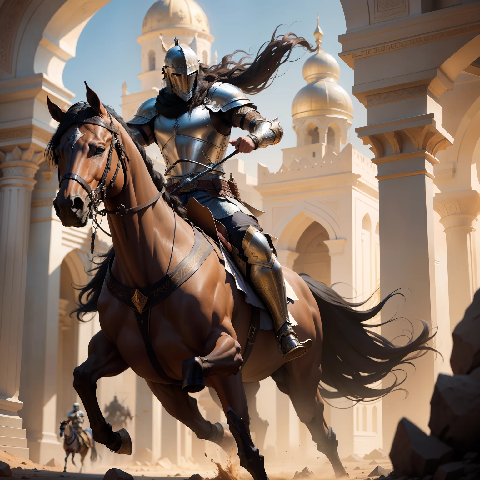 Knight arabian warrior 3 points perspective lower shot dynamic pose hyper realistic Super detailed Master piece high quality