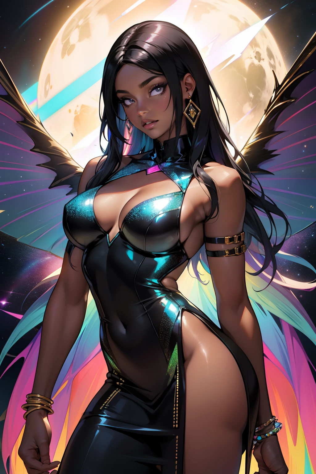 espartilho, Mulher gorda, seios grandes, seios fartos, pernas grossas, coxas grossas, bunda grande, seios suculentos, pele negra, Woman with thick lips, fleshy lips, pele escura, pele realmente escura, epele tom de chocolate, fleshy lips, Characters of African Person, ebony skin, chocolate skin, her every feature bathed in the ethereal glow of a holo color scheme, cativante e hipnotizante, Vestido bodycon adornado com cintilantes, shifting, e tons iridescentes, refletindo a luz em uma tela deslumbrante, Holographic gems delicately reflecting a rainbow of colors, slender choker adding a touch of elegance, Ondas elegantes de cabelo, cintilante com tons brilhantes combinando com o esquema de cores holo, holographic makeup adorning her eyes and lips, holo-infused ambiance, floating orbs illuminating the space in iridescent glory, magnetic presence exuding grace, confidence, and a unique allure that captures all attention moth wings, sexy clothes, wings, moth wings, transluscent wings, fleshy lips, fleshy lips, thick lips, beautifull lips, pele negra, really dark skin, really dark skin, ebony skin, rainbow hair