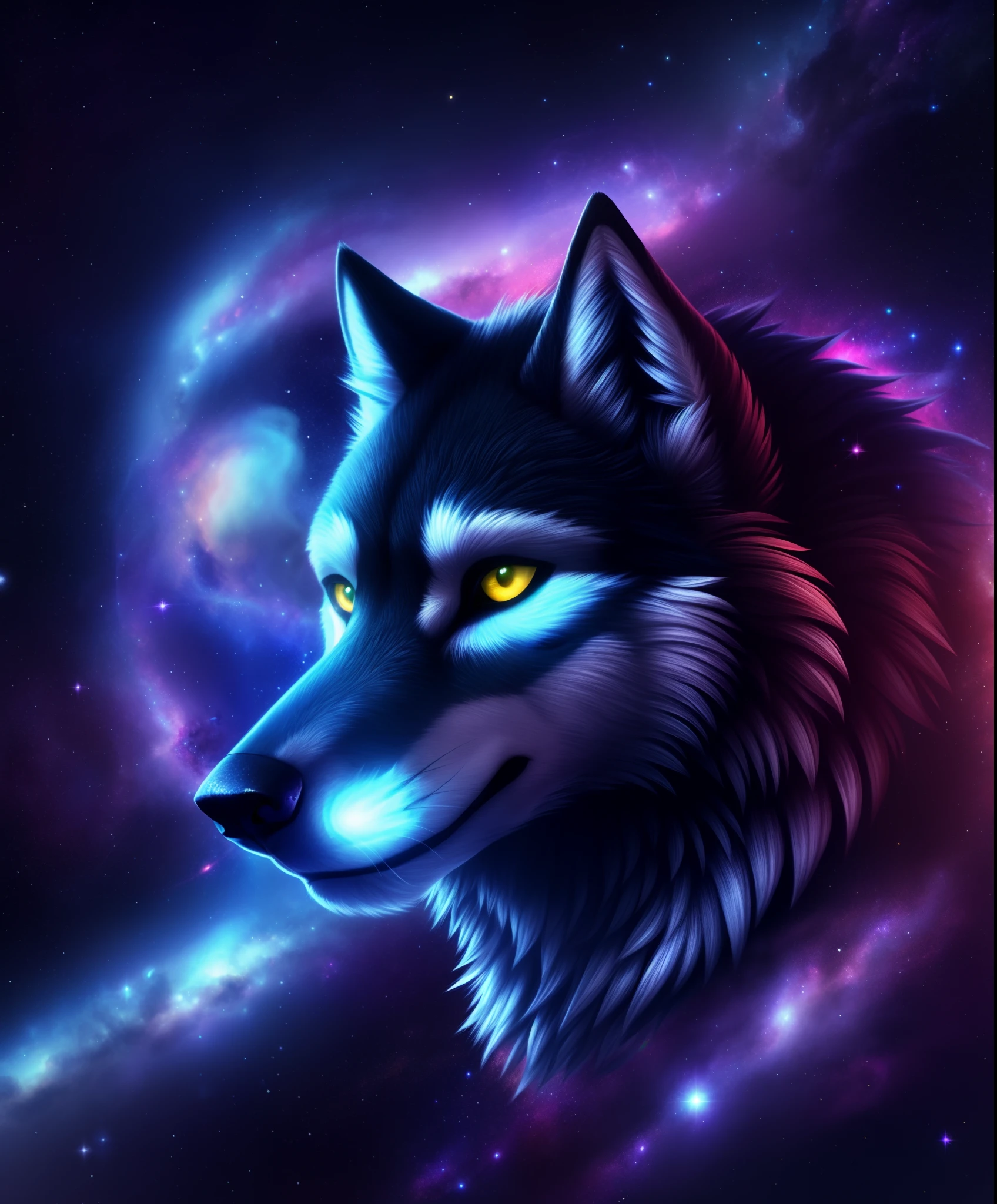 (wolf), energy, galaxies, spirals, space, nebulae, stars, smoke, iridescent, intricate detail, (in the shape of a wolf), octane render, 8k