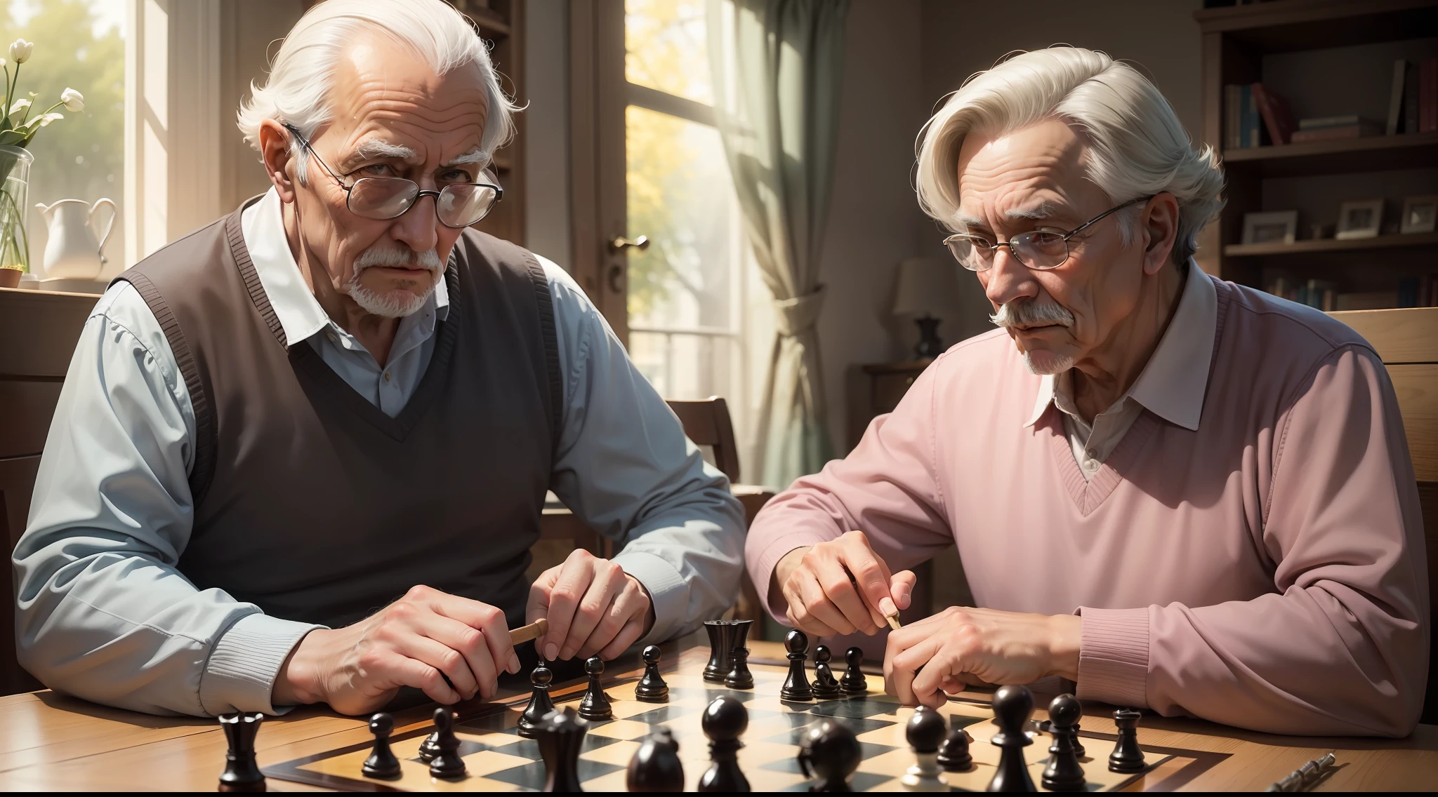 A grandfather teaching his granddaughter to play chess, passing on knowledge