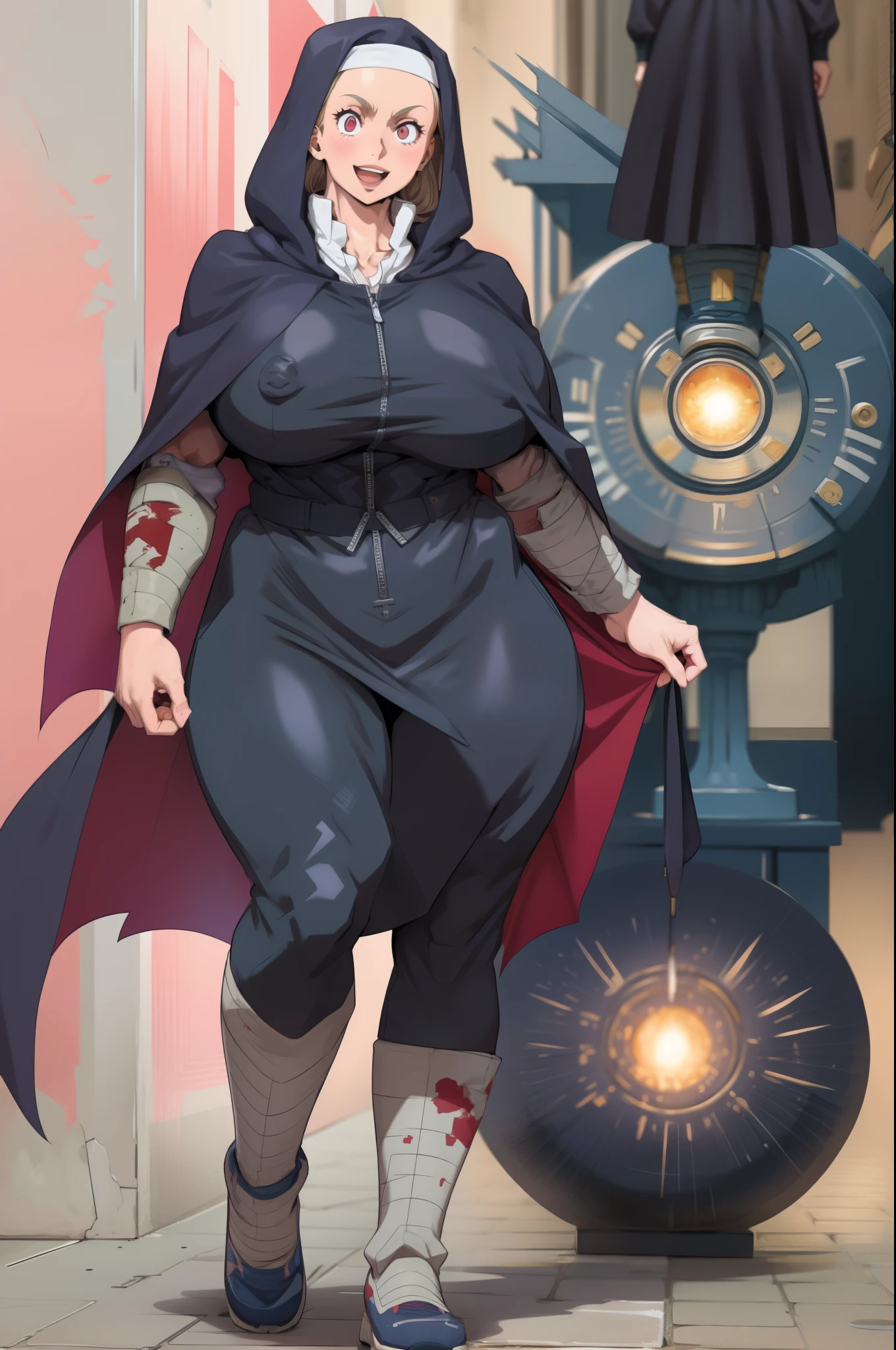 noi, nun, huge breast, boots, pants,cloak, musclegirl, walking, smile
