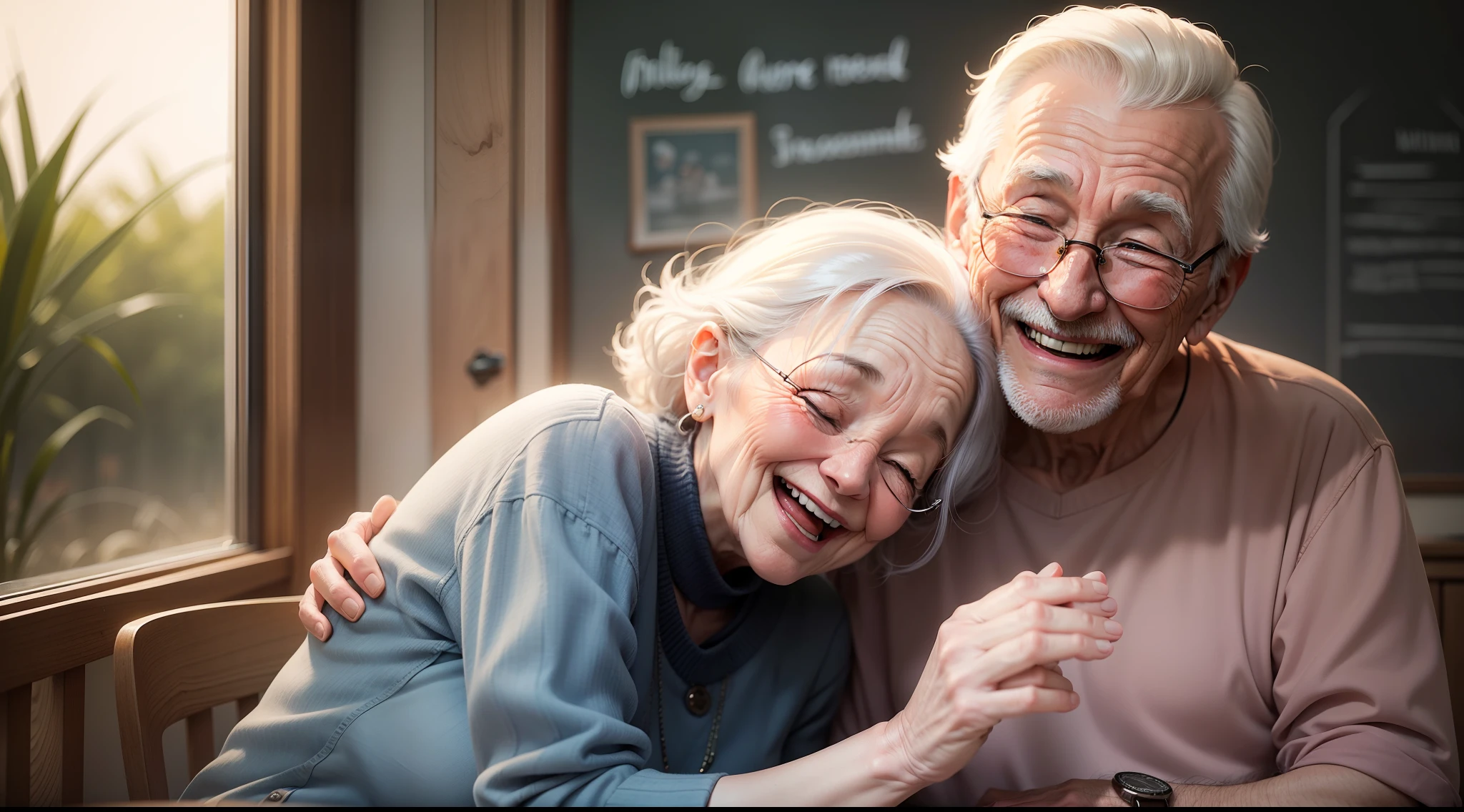 An old couple laughing together, appreciating the moment and relationships