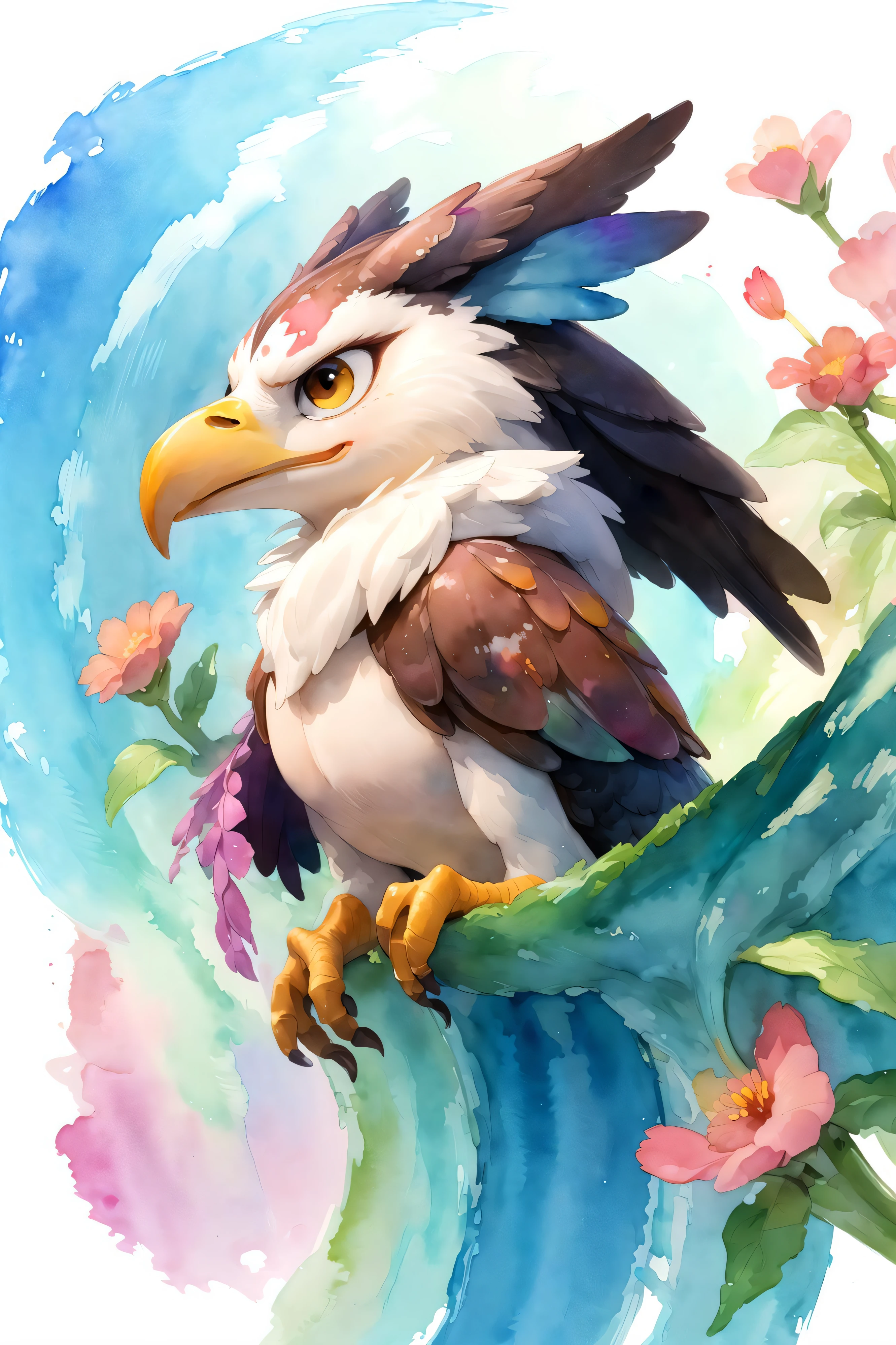 ( watercolor \(medium\), IrisCompiet:1.2),side view of a eagle with long beak, face focus, abstract background, fantasy, many colors, colorful, flower petals, wind blowing,