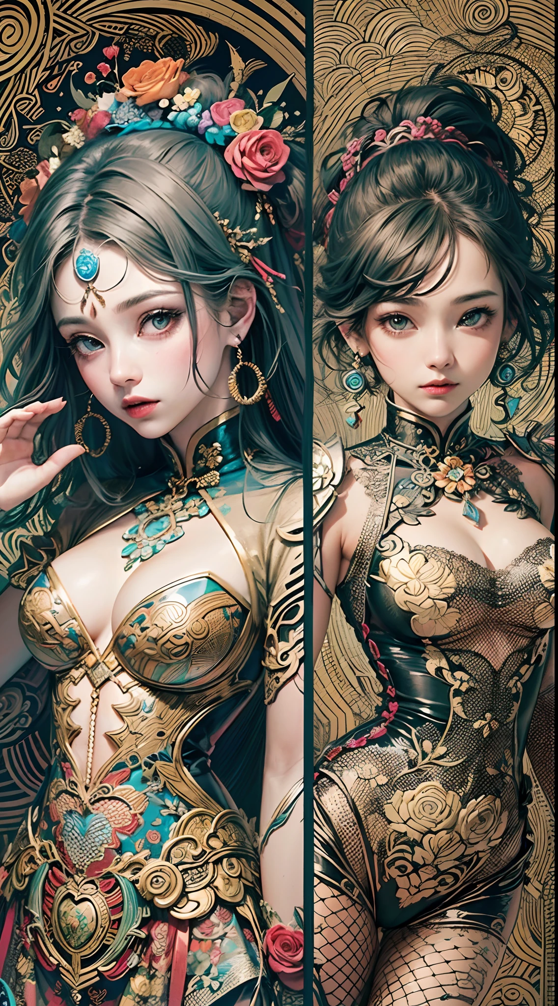 (masterpiece、top-quality、top-quality、Official Art、Beautifully Aesthetic:1.2)、(One Girl:1.3)、A highly detailed、(Fractal Art:1.1)、(colourfull:1.1)(florals:1.3)、The most detailed、(Zentangle:1.2)、(Dynamic poses)、(abstract backgrounds:1.3)、(qipao dress:1.2)、(shinny skin)、(many colors:1.4)
