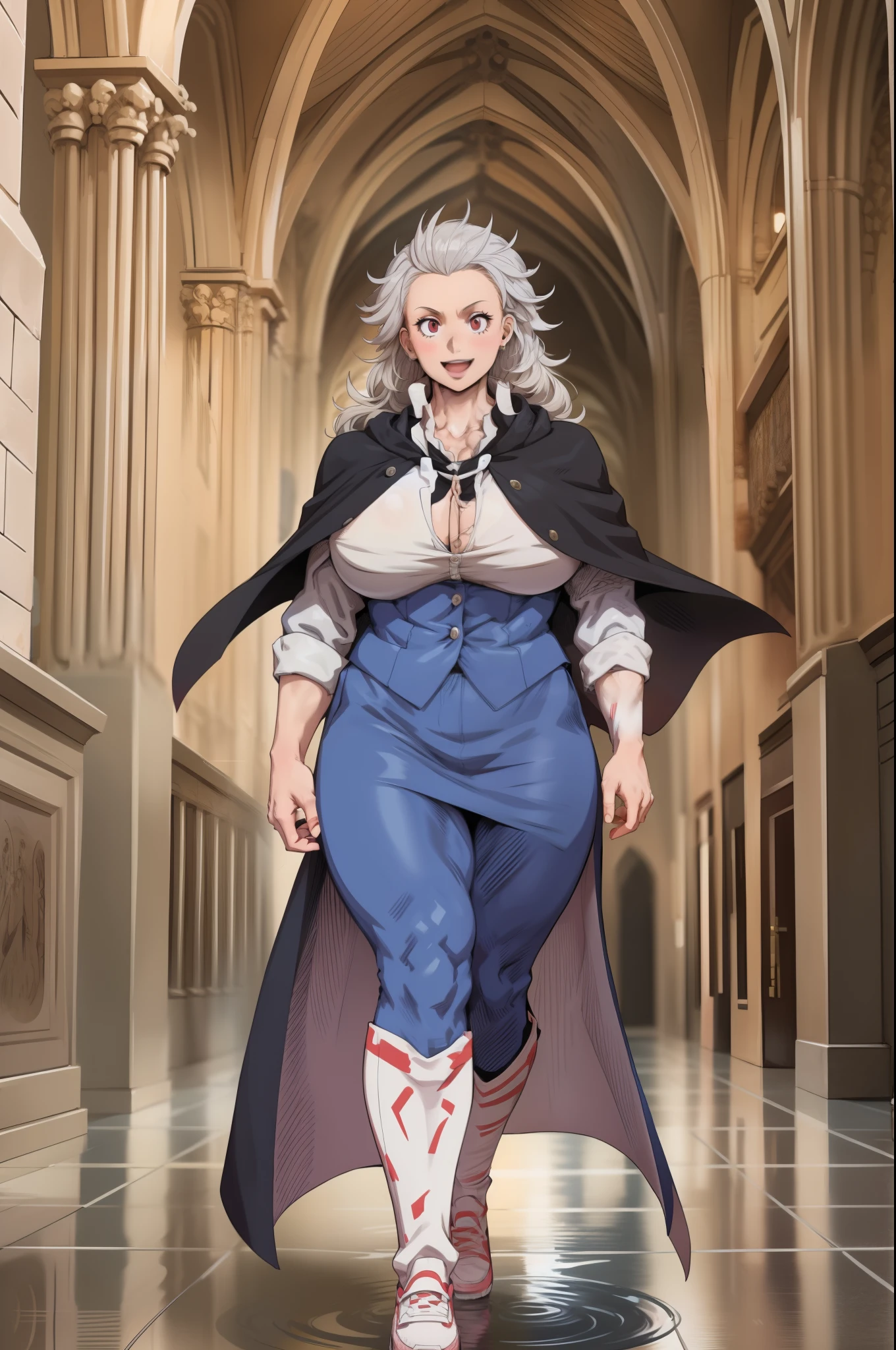 noi, nun, big breast,white boots, pants,cloak, musclegirl, walking, smile, long hair, catedral, vest, portrait