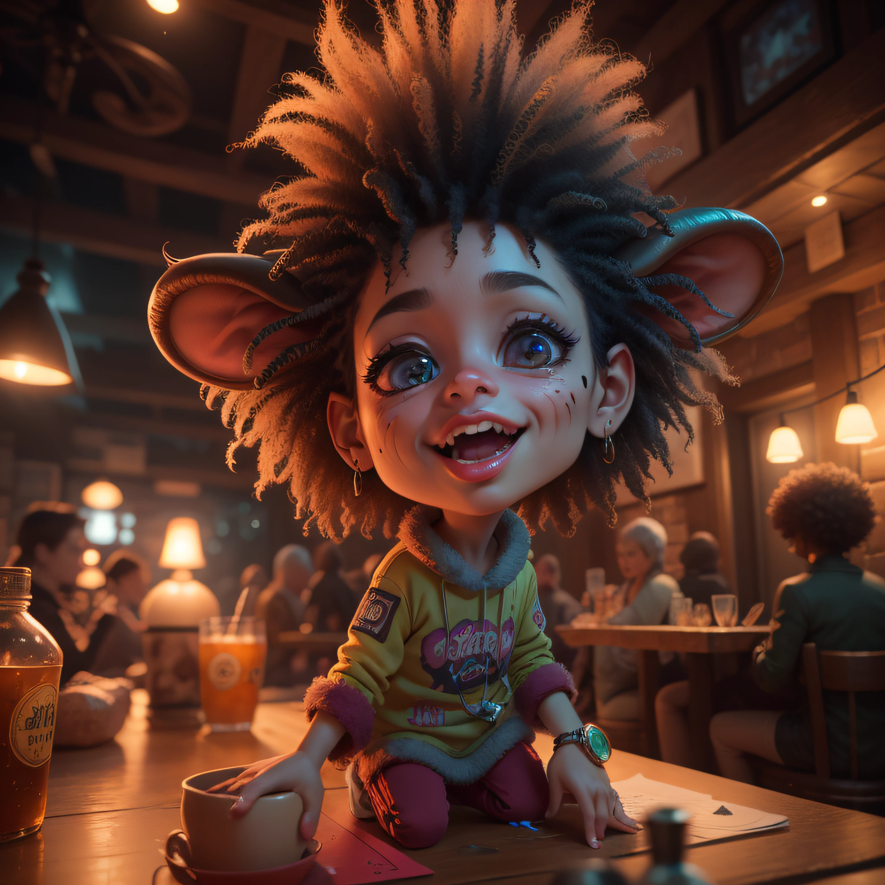 Caricature, Deep colors, Cute cute numbers 3d sleepy baby Chupacabra in tavern wearing sheepskin shirt, Mild steel lighting, 8K, Unreal Engine 5, Giant Eye , acidwave, afro futurism, evil theme, magic realism, fantasy, Bokeh，Happy trumpet，There is color on the face，full body pov，is dancing