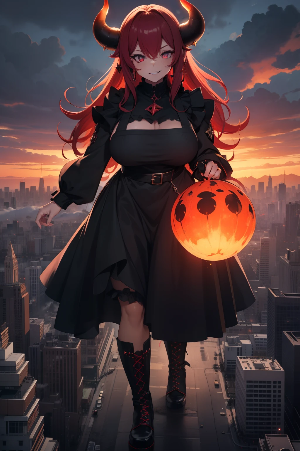 Fire,Devil GtsGiga,Looming,crimson eyes,demon horns,menacing smile,Rsmpge,goth,pentagram,ruined city,iodide does cross earrings,black boots,black apron,long hair,huge mommy milkers,Gtscity,cityscape,clouds,red sky,mature women,regal