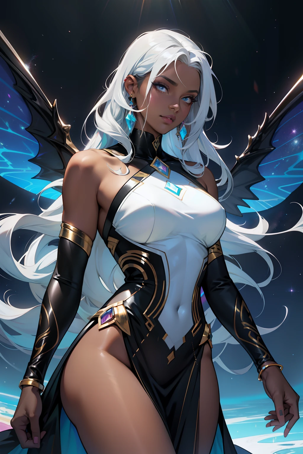 espartilho, Mulher gorda, seios grandes, seios fartos, pernas grossas, coxas grossas, bunda grande, seios suculentos, pele negra, Woman with thick lips, fleshy lips, pele escura, pele realmente escura, epele tom de chocolate, fleshy lips, Characters of African Person, ebony skin, chocolate skin, her every feature bathed in the ethereal glow of a holo color scheme, cativante e hipnotizante, Vestido bodycon adornado com cintilantes, shifting, e tons iridescentes, refletindo a luz em uma tela deslumbrante, Holographic gems delicately reflecting a rainbow of colors, slender choker adding a touch of elegance, Ondas elegantes de cabelo, cintilante com tons brilhantes combinando com o esquema de cores holo, holographic makeup adorning her eyes and lips, holo-infused ambiance, floating orbs illuminating the space in iridescent glory, magnetic presence exuding grace, confidence, and a unique allure that captures all attention moth wings, sexy clothes, wings, moth wings, transluscent wings, fleshy lips, fleshy lips, thick lips, beautifull lips, pele negra, really dark skin, really dark skin, ebony skin, rainbow hair, curly hair, cabelo cacheado, Silver hair with holographic waves, cabelo bonito, really dark skin, ebony skin, medieval silver hairm d&D dress,