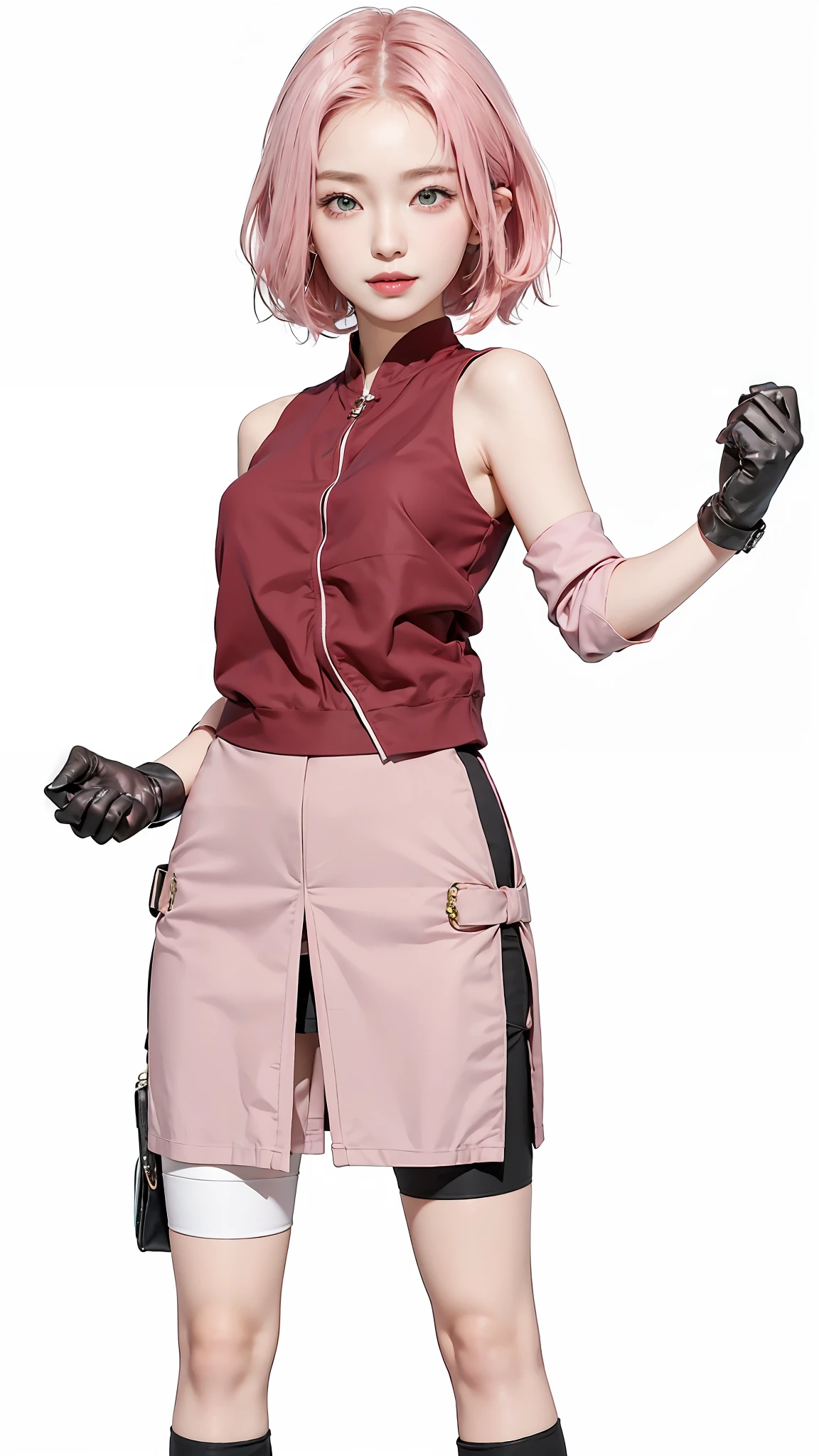 Masterpiece, best picture quality, one beautiful girl, detailed eyes, swollen eyes, pink hair, short hair, fair skin, cute, cute legs, short skirt, Japanese woman, Asian beauty, moonlight, strong eyes, professional lighting, bright lighting, double eyelids, slender, Japanese woman, Asian beauty, smile expresion, green eyes
