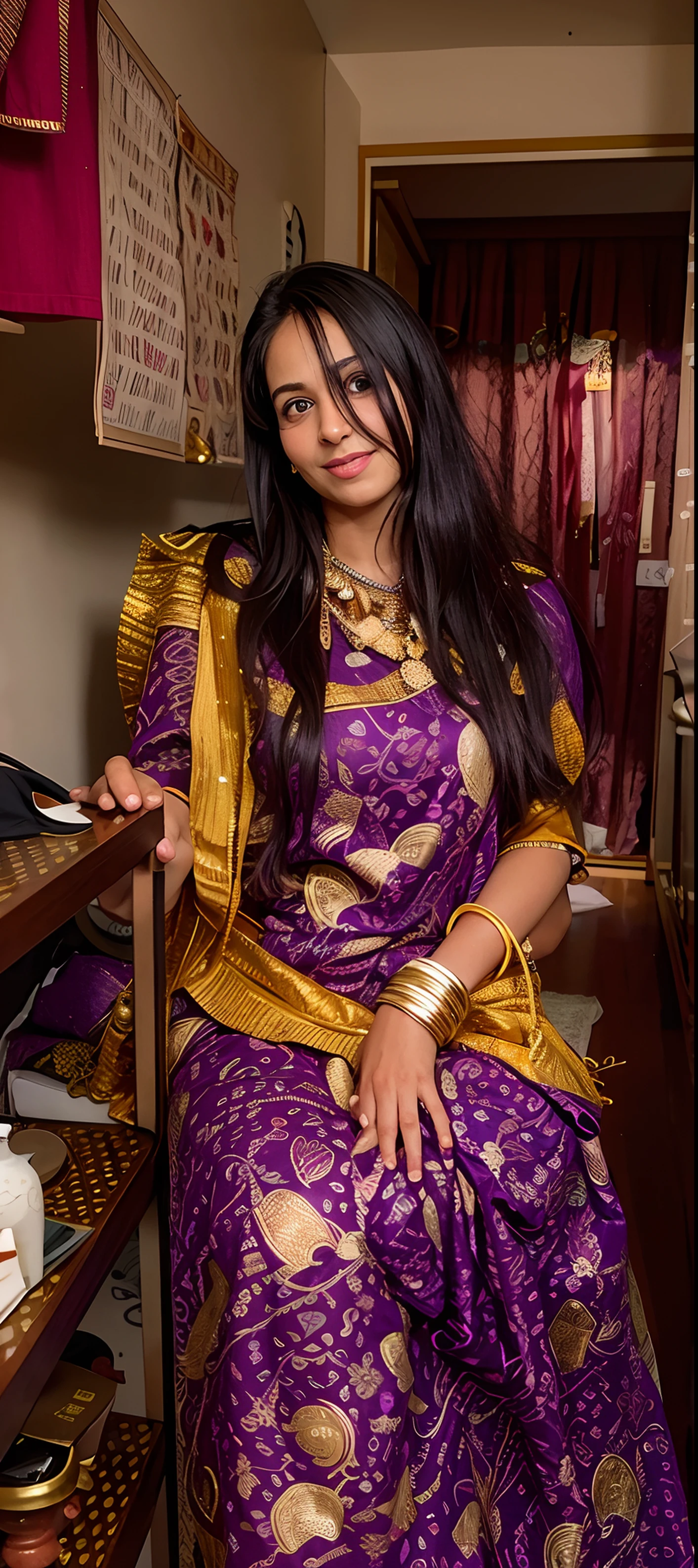arafed woman in a purple dress standing next to a shelf, dressed in a sari, wearing a sari, wearing sari, traditional beauty, wearing bihu dress mekhela sador, very very low quality picture, candid picture, with lovely look, with a beautifull smile, wearing traditional garb, portait image, wearing an elegant tribal outfit