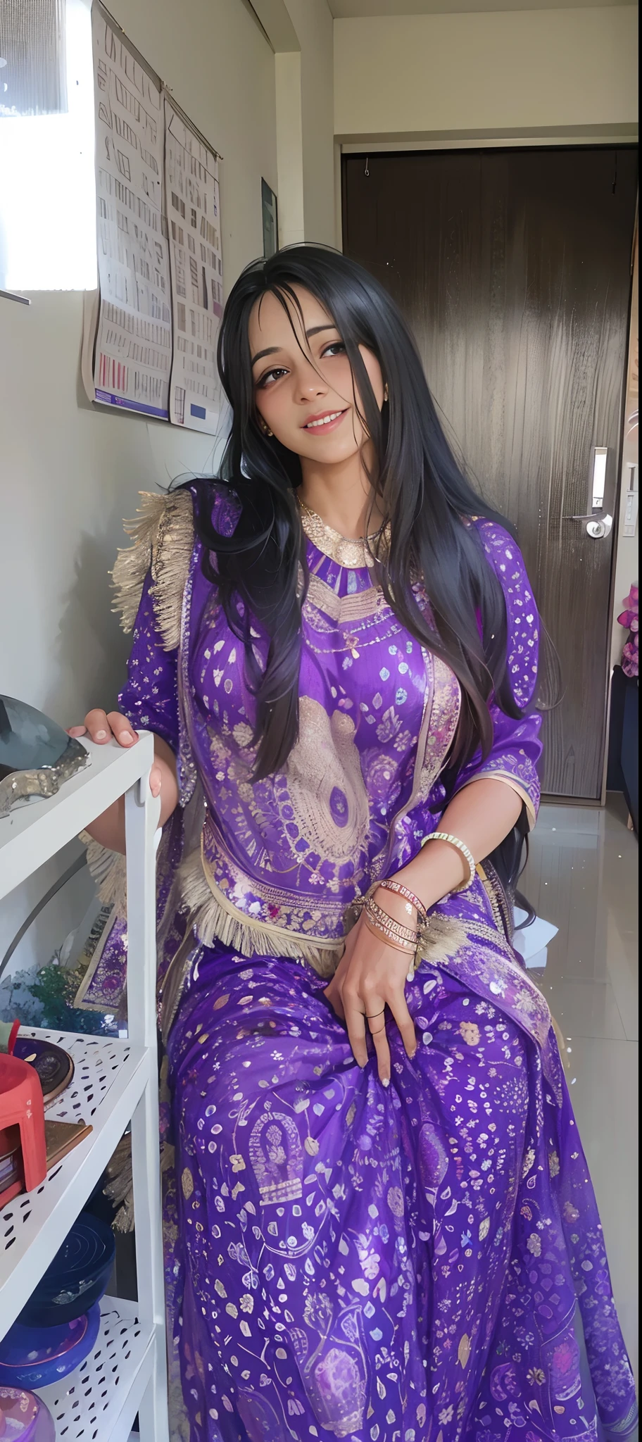 arafed woman in a purple dress standing next to a shelf, dressed in a sari, wearing a sari, wearing sari, traditional beauty, wearing bihu dress mekhela sador, very very low quality picture, candid picture, with lovely look, with a beautifull smile, wearing traditional garb, portait image, wearing an elegant tribal outfit