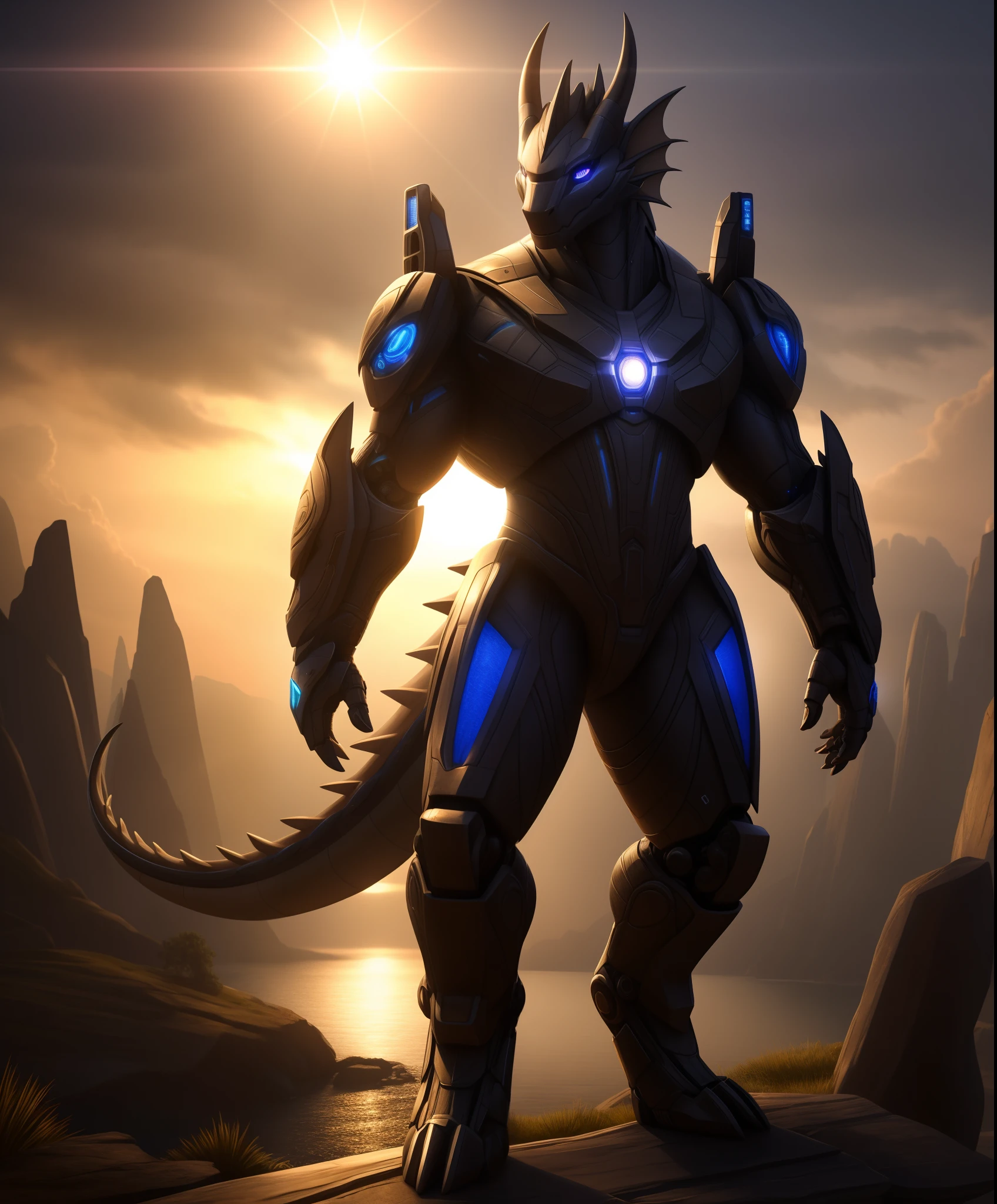 An advanced bionic mech, cybrog, anthro, dragon, male, full body, Muscle, Delicate face, Delicate eyes, 1 tail, (glowing LED), energy, digitigrade, outdoors, extremely detailed CG unity 8k wallpaper, realistic, masterpiece, highest quality, lens flare, unreal engine, trending on ArtStation, Intricate, High Detail, dramatic, realism, beautiful and detailed lighting, shadows