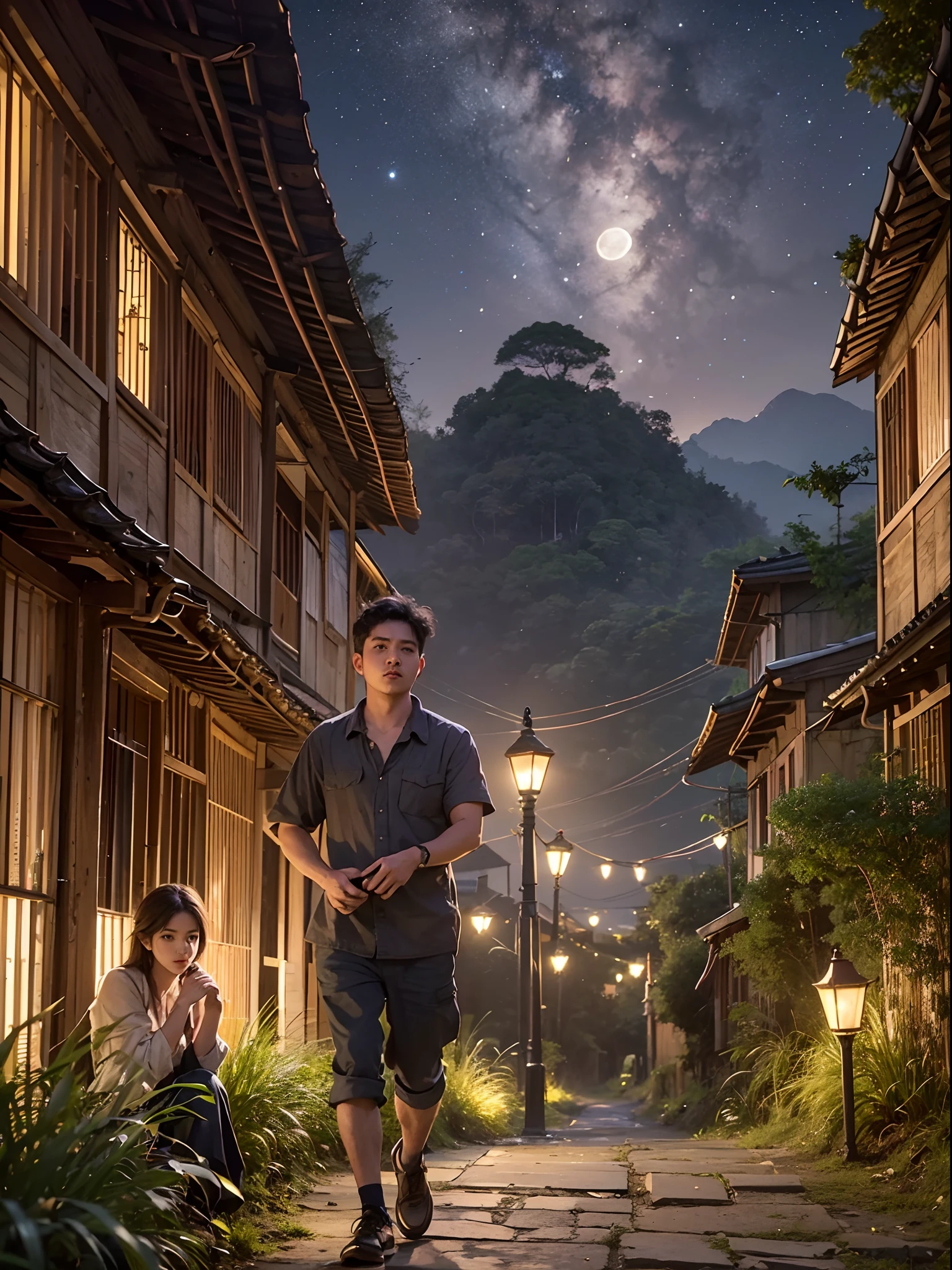 a beautiful adventure boy with a beautiful girl in city of gold in jungle moonlight realistic, hd 4k clearity  , masterpiece, old buildings and artifacts made of gold,beautiful scenery in moonlight, night, golden sky background --auto --s2